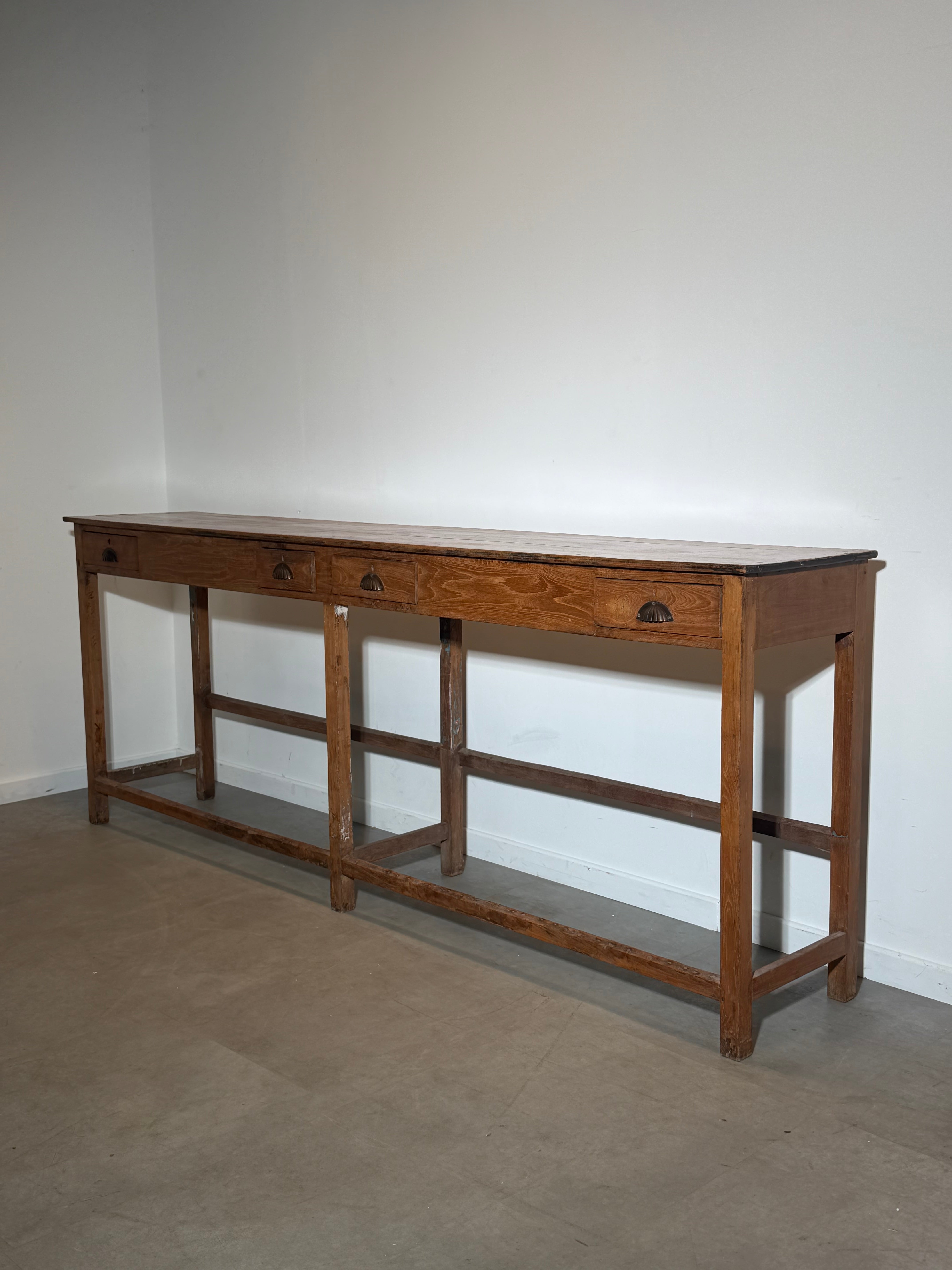 Antique Solid Oak Console Table with Four Drawers
