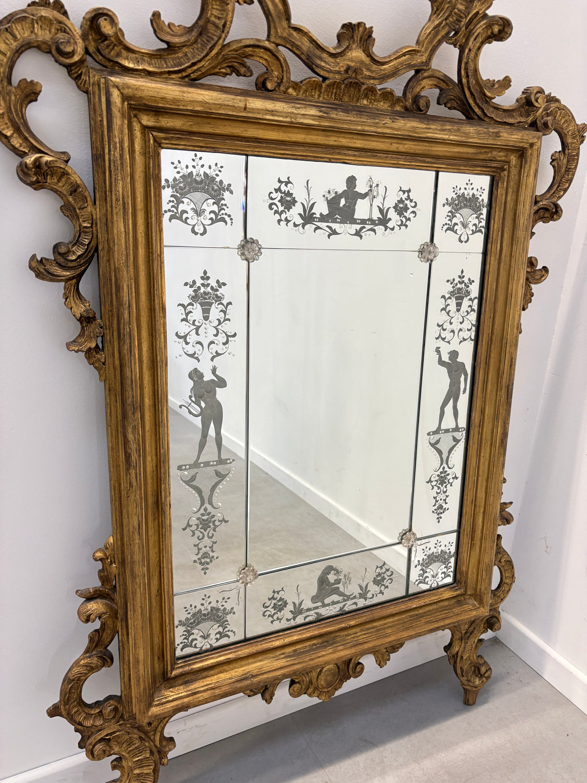 Large Venetian Rococo Giltwood Mirror with Etched Glass