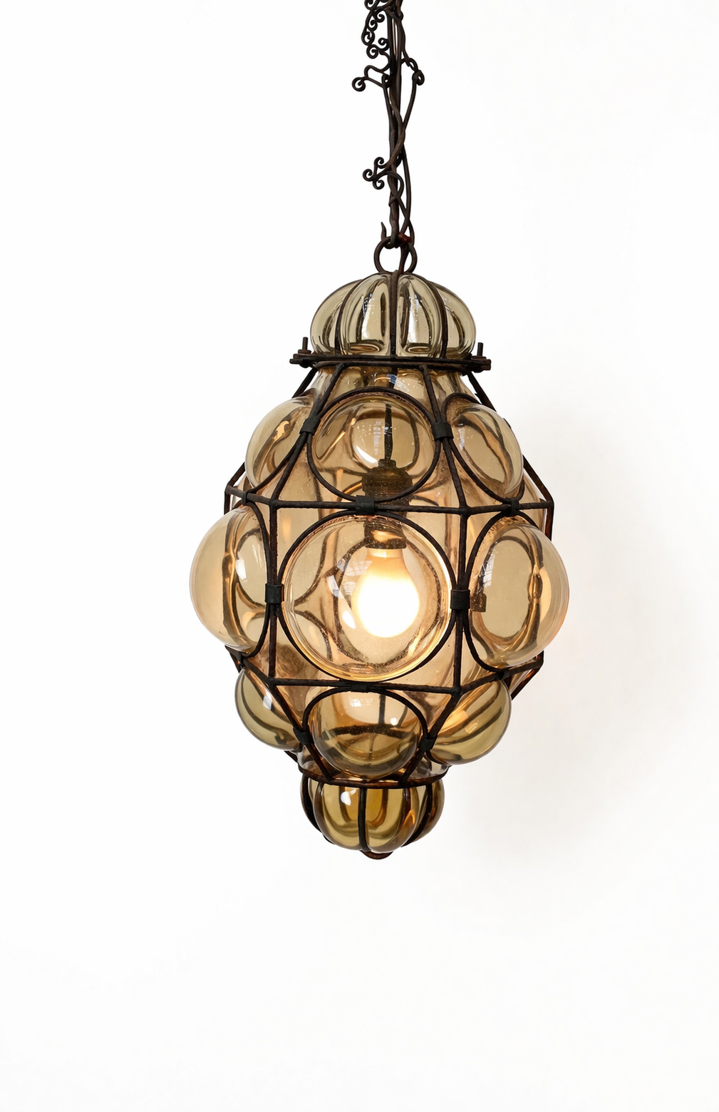 Vintage Amber Bubble Glass Pendant Lamp in Wrought Iron Frame