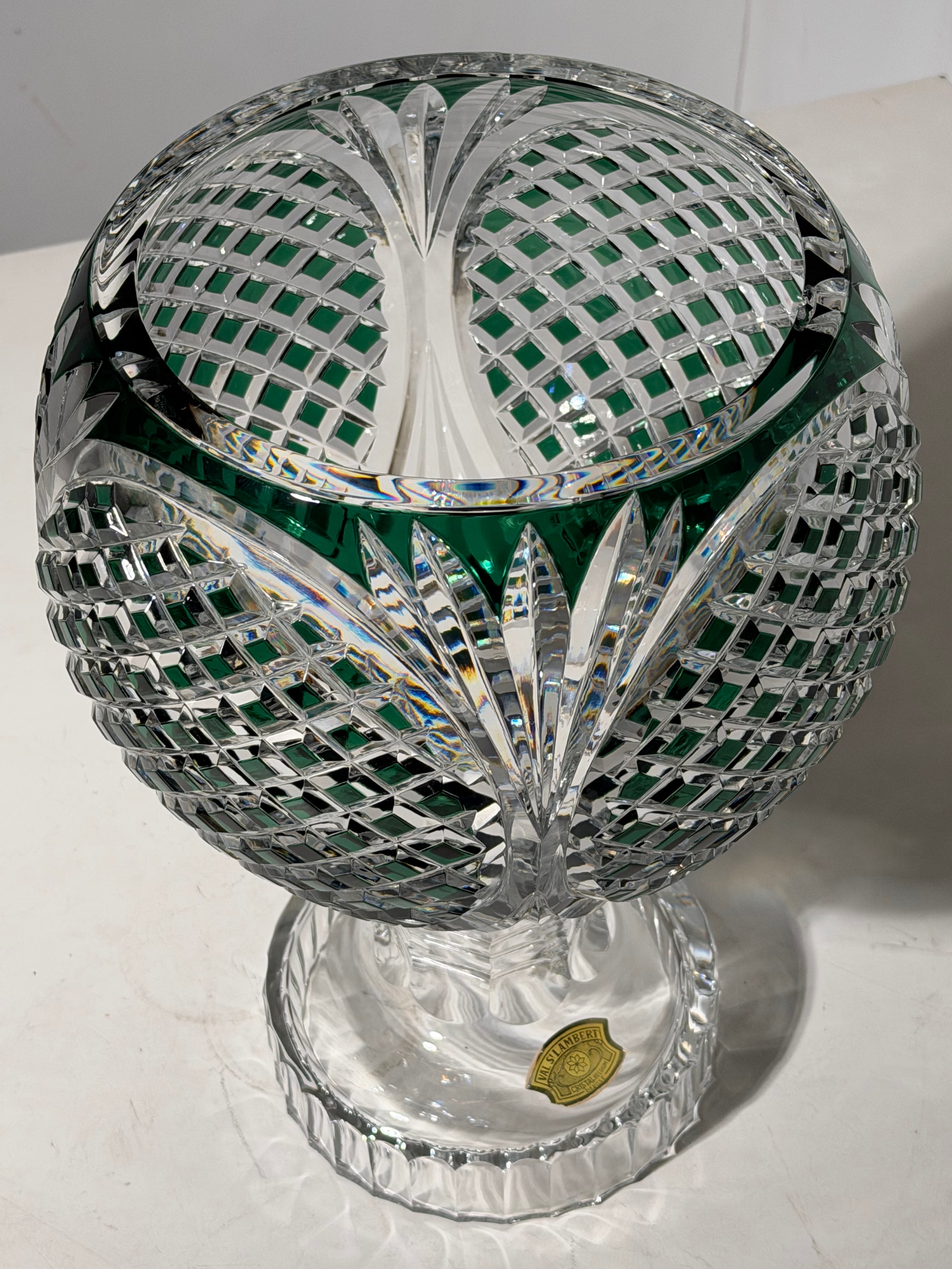 Val Saint Lambert Zorba Crystal Vase – Green Overlay Cut Crystal – H 40 cm