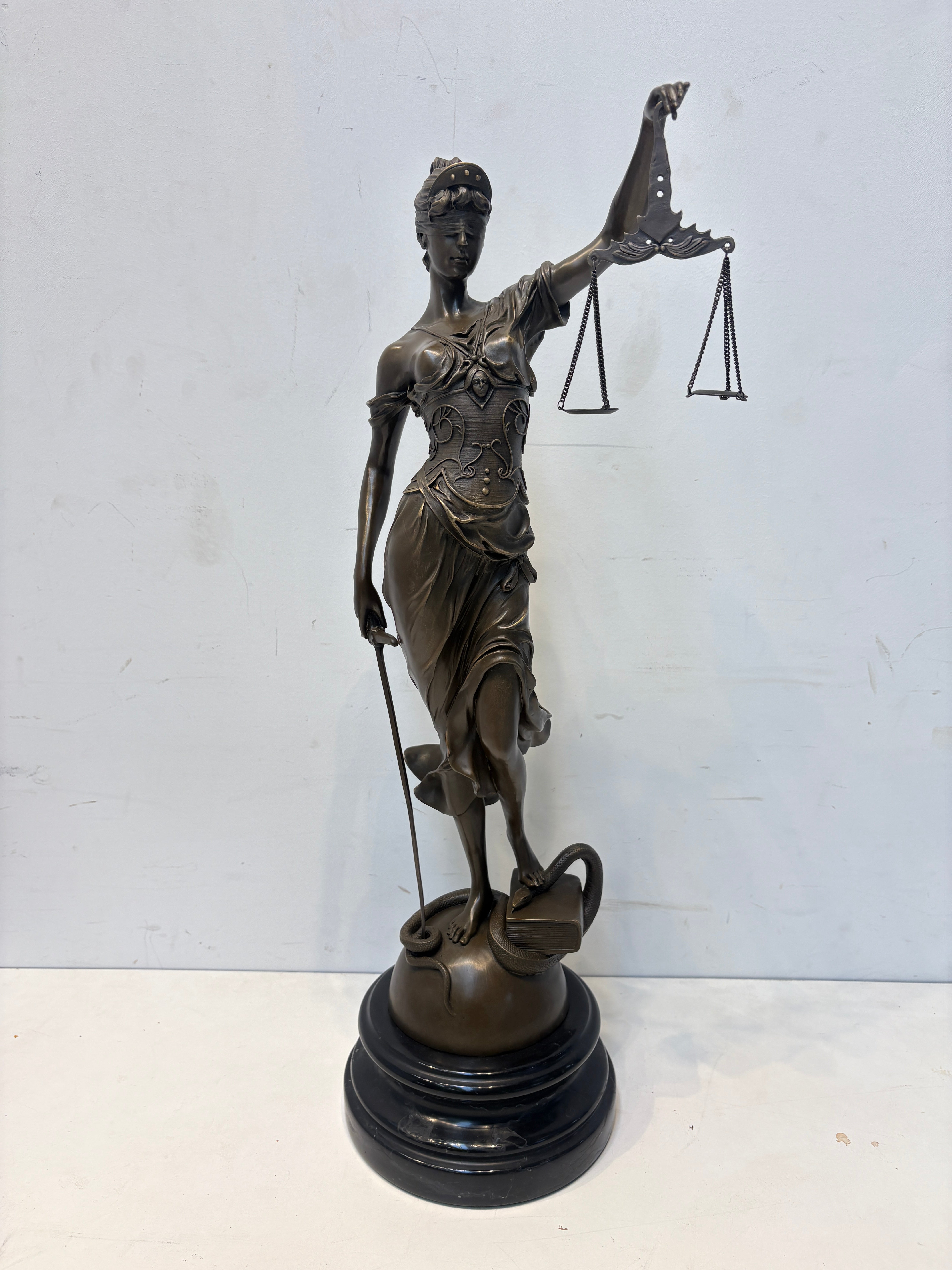 Bronze Sculpture “Lady Justice” – Allegorical Figure with Scales & Sword