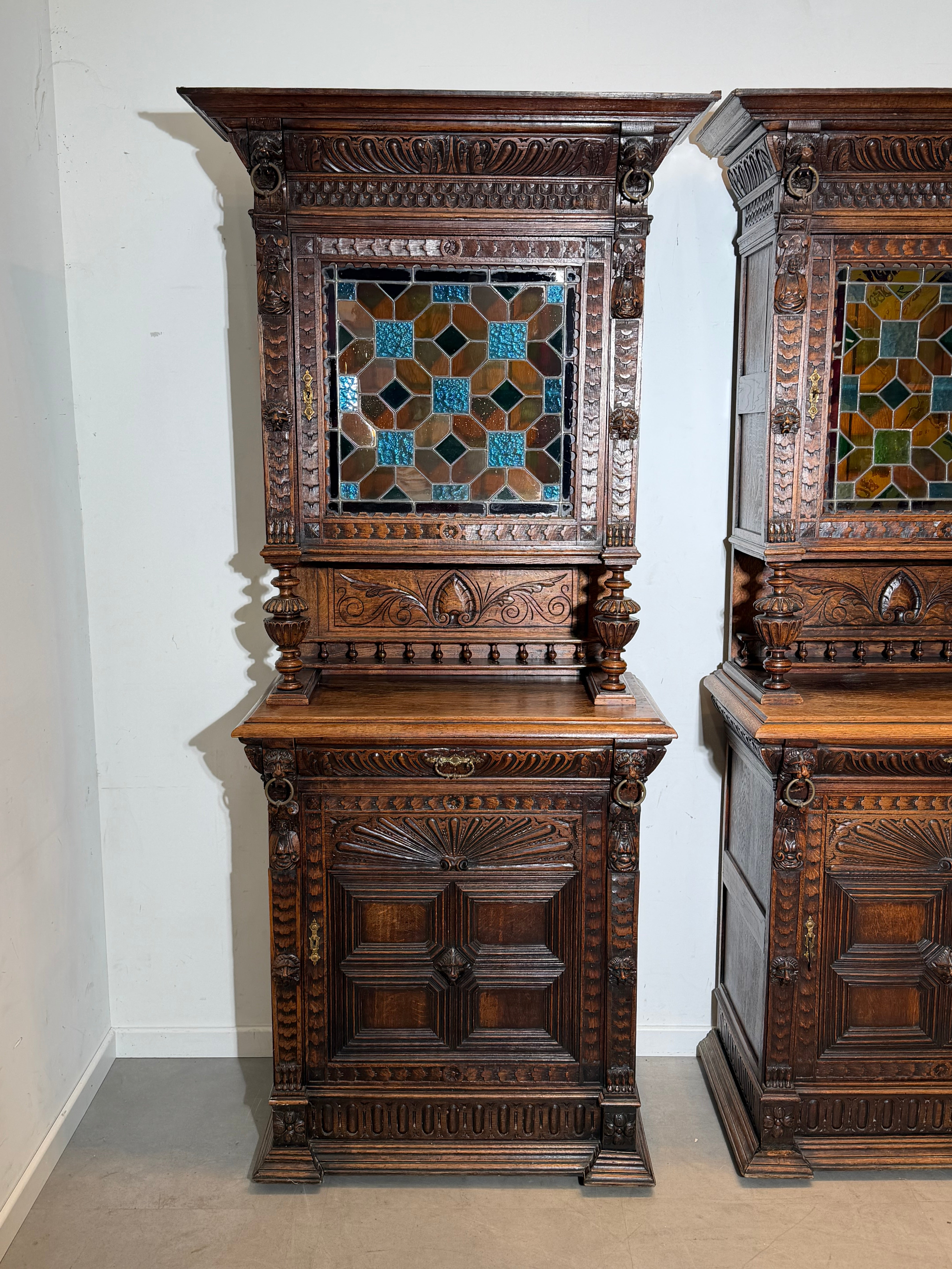 Pair Of Antique Neo-Renaissance Oak Display Cabinets with Stained Glass