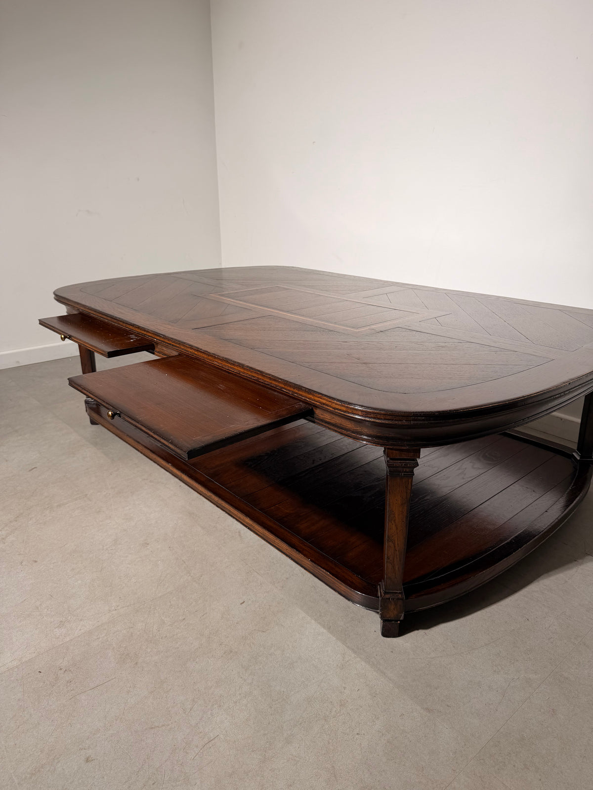 Large French Style Parquetry Coffee Table with Drawers