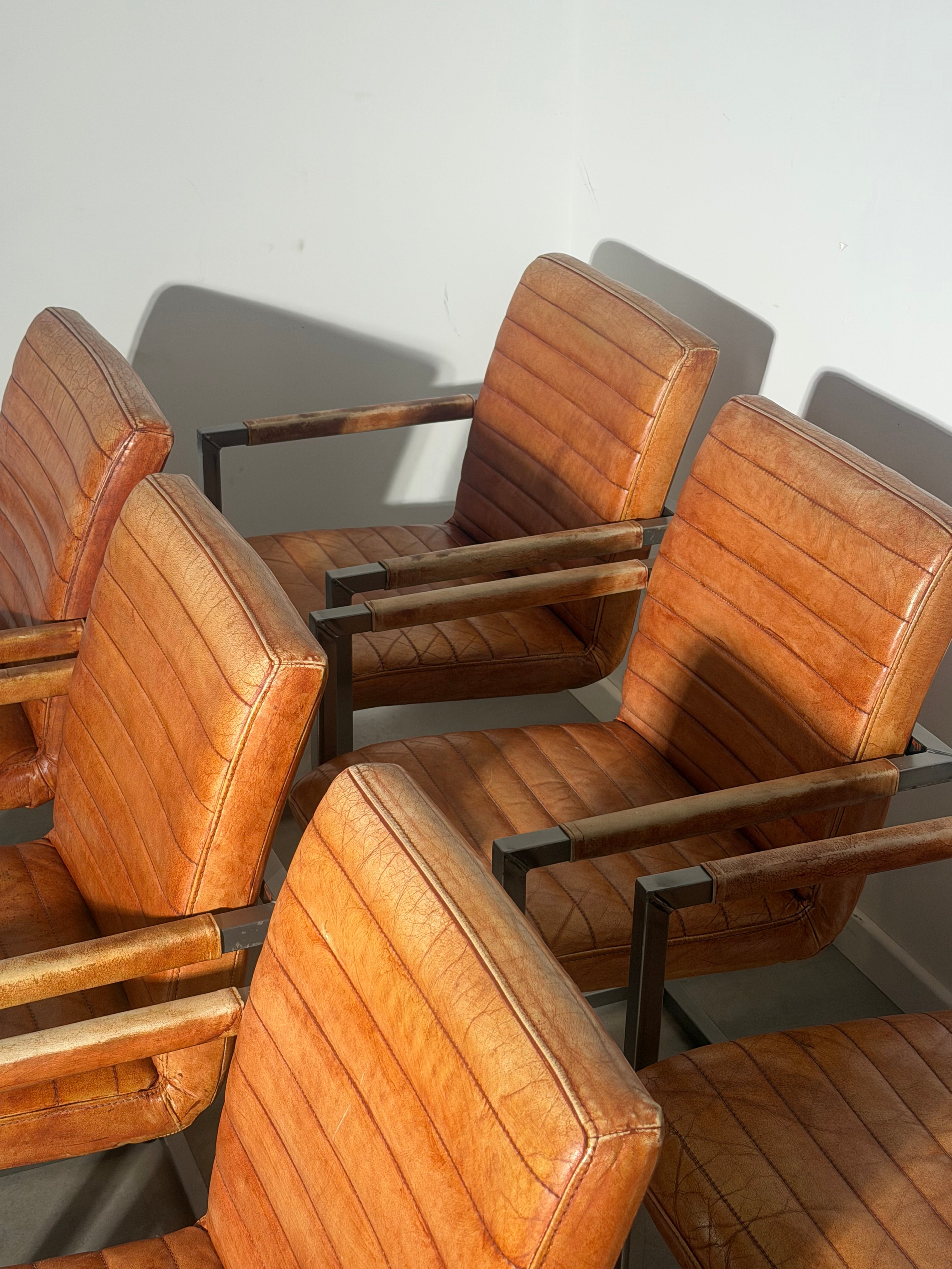 Set of 6 Vintage Cognac Leather Cantilever Armchairs