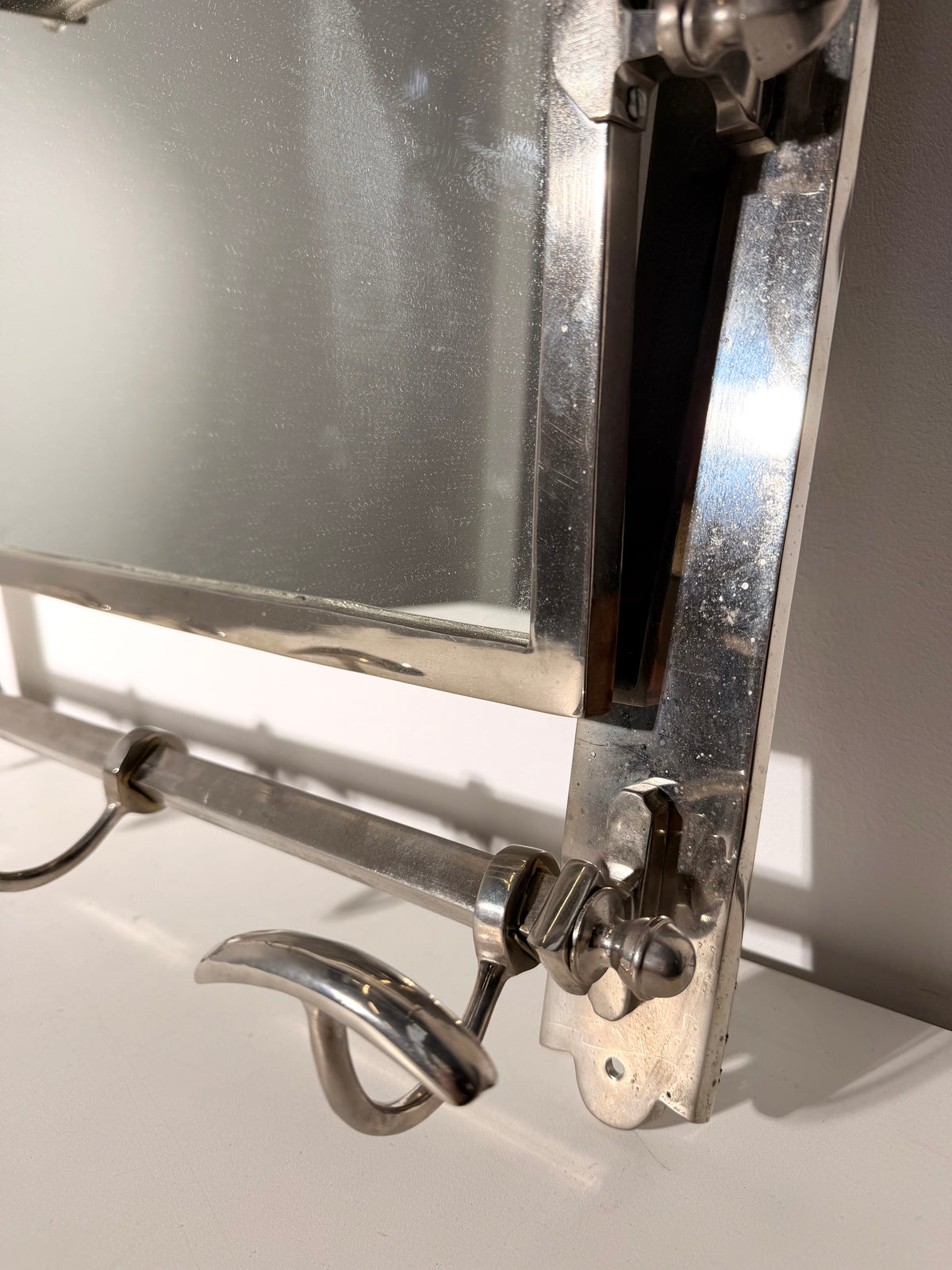Vintage Art Deco Chrome Wall-Mounted Coat Rack with Mirror
