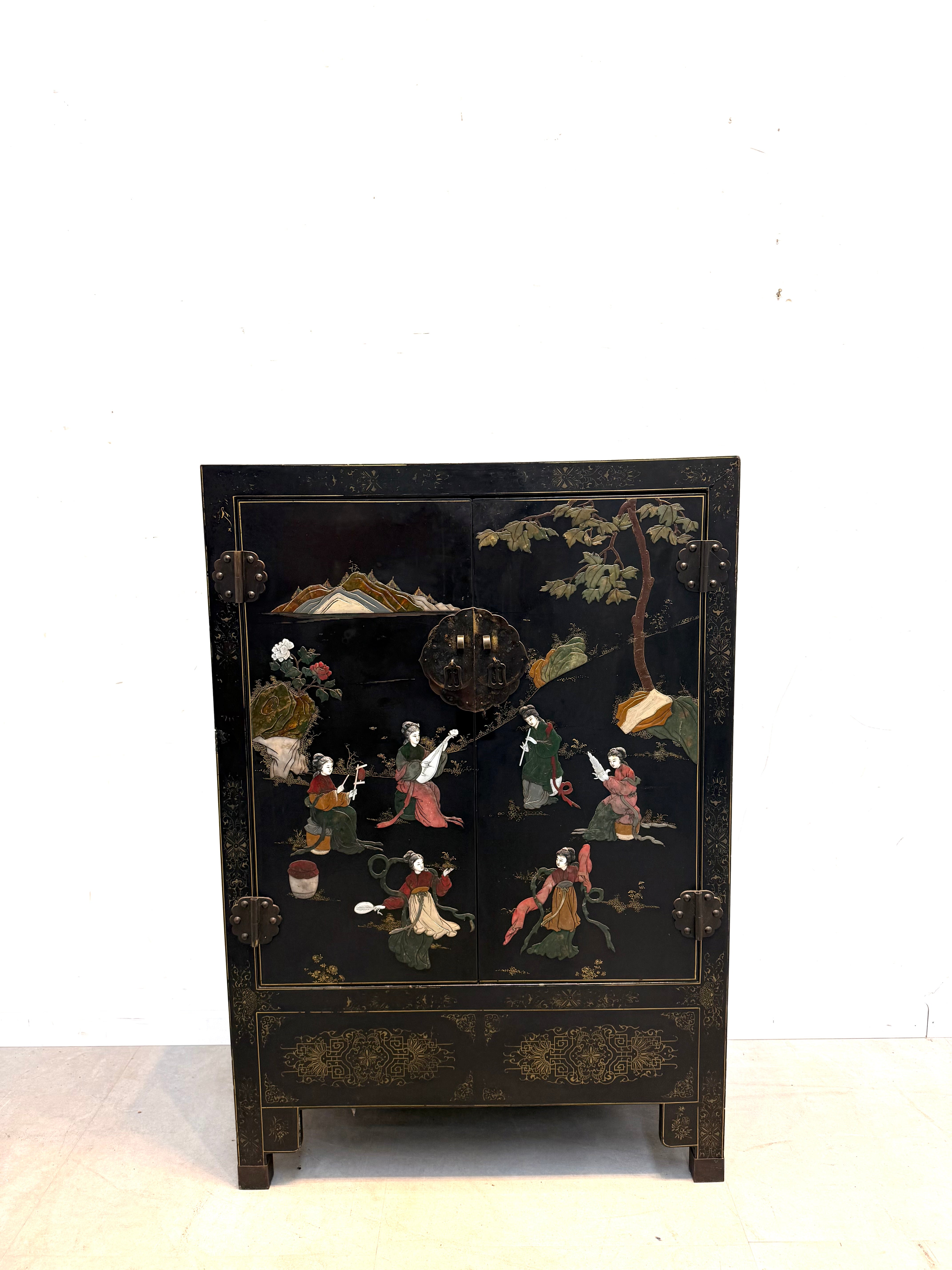 Chinese Black Lacquer Cabinet with Hand-Painted Chinoiserie Scenes