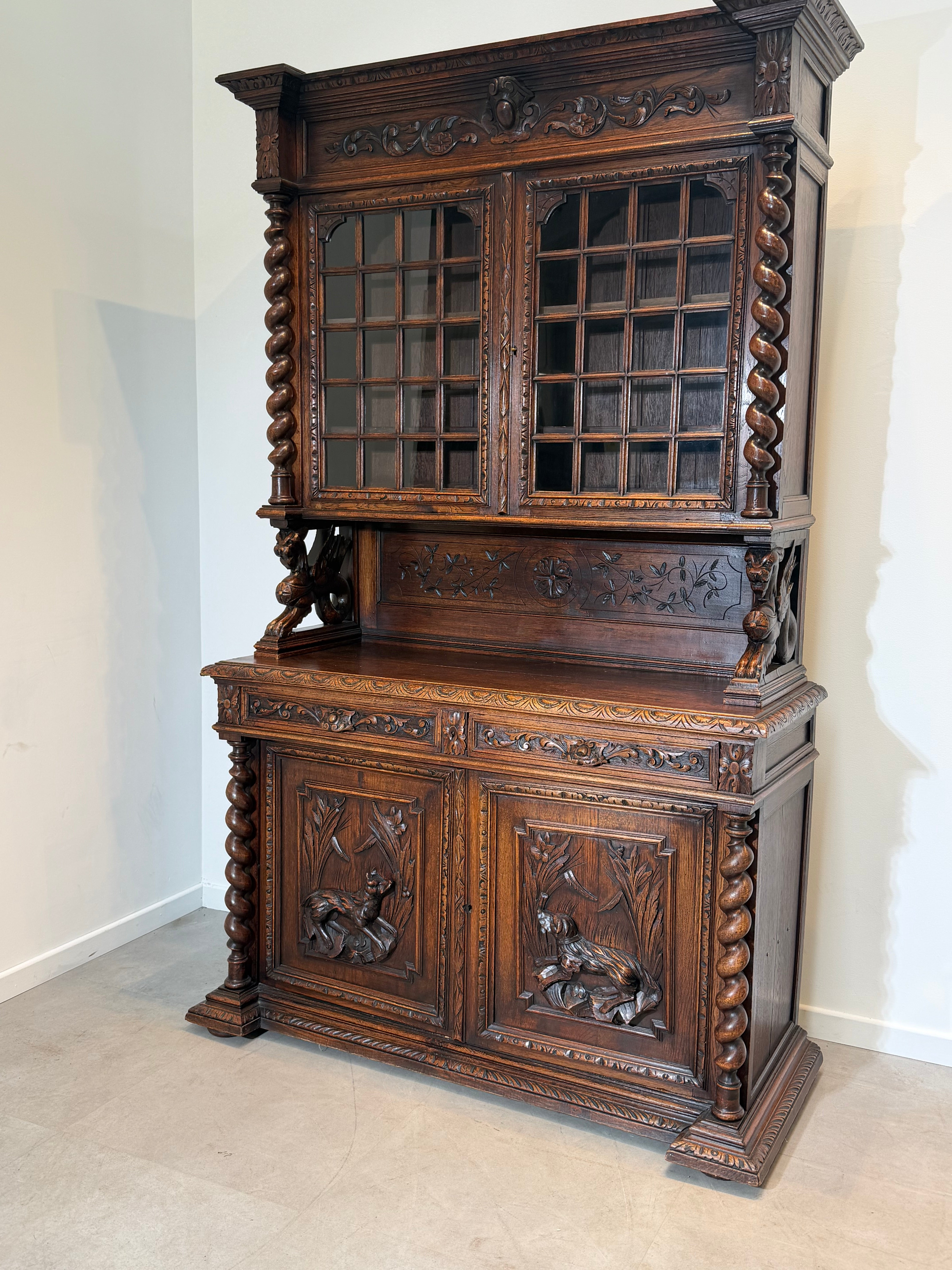 Antique Carved Oak Display Cabinet with Barley Twist Columns