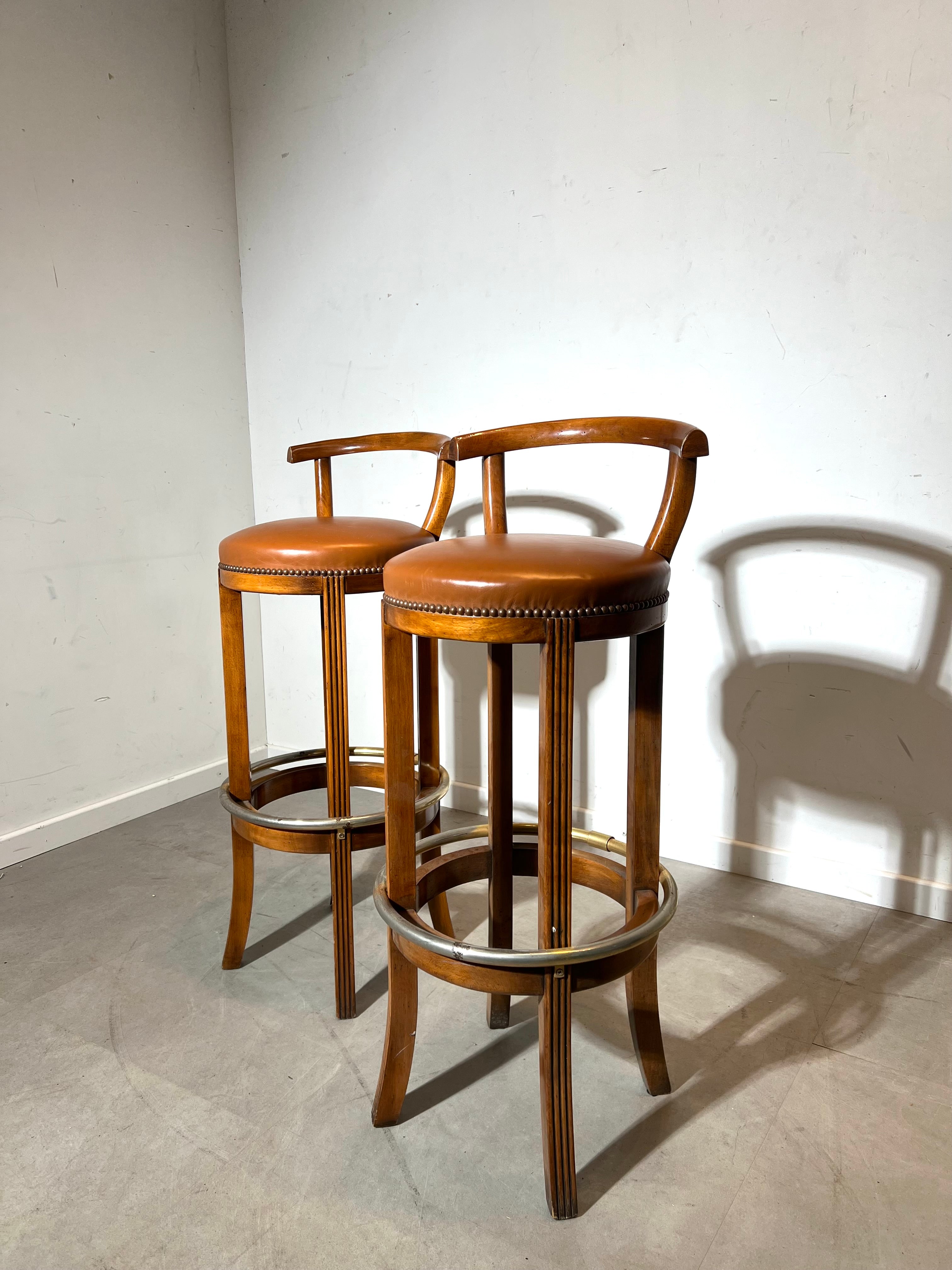 Vintage Wooden Bar Stool with Leather Seat & Brass Footrest