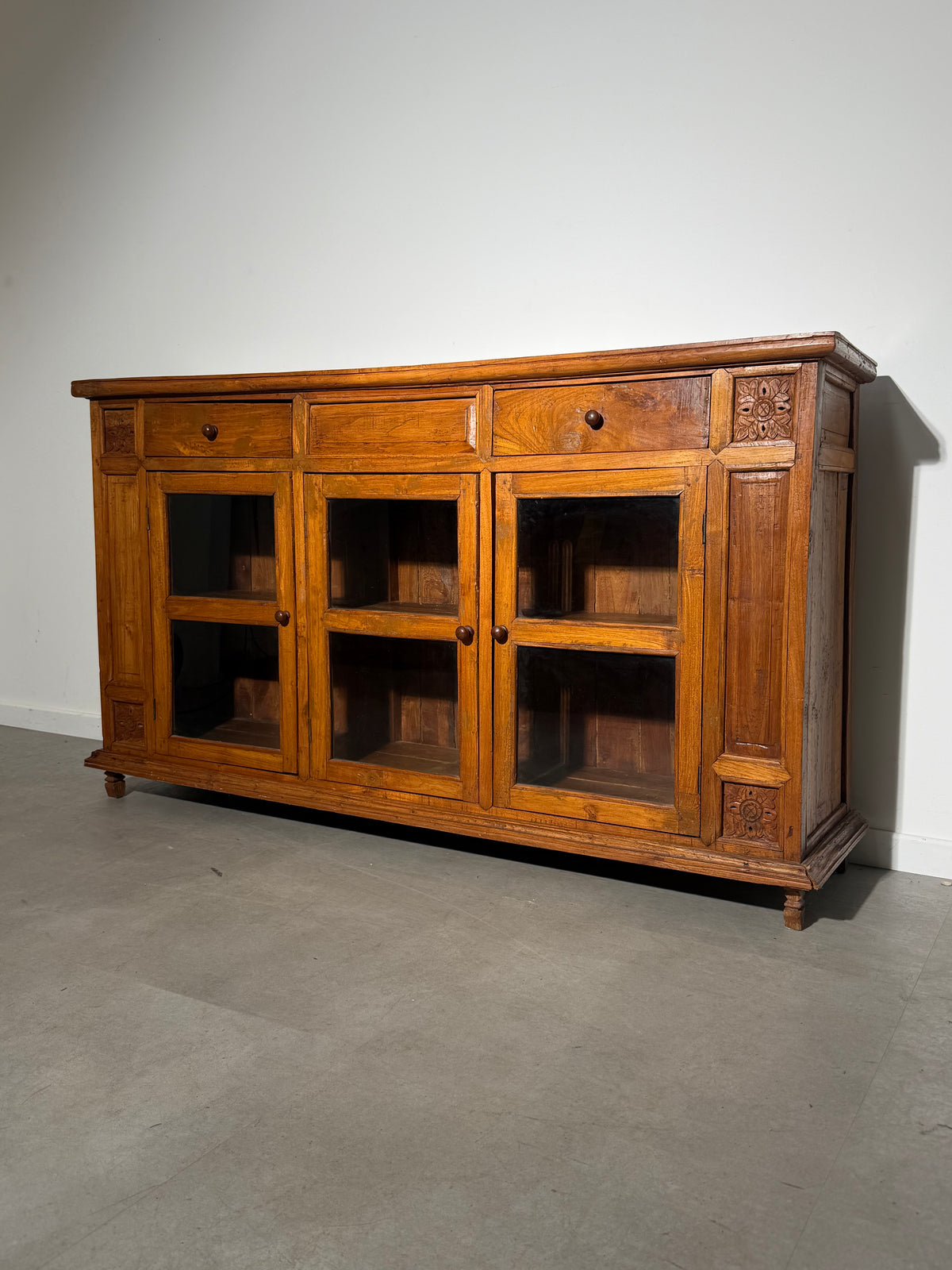 Antique Rustic Teak Display Cabinet / Sideboard with Glass Doors