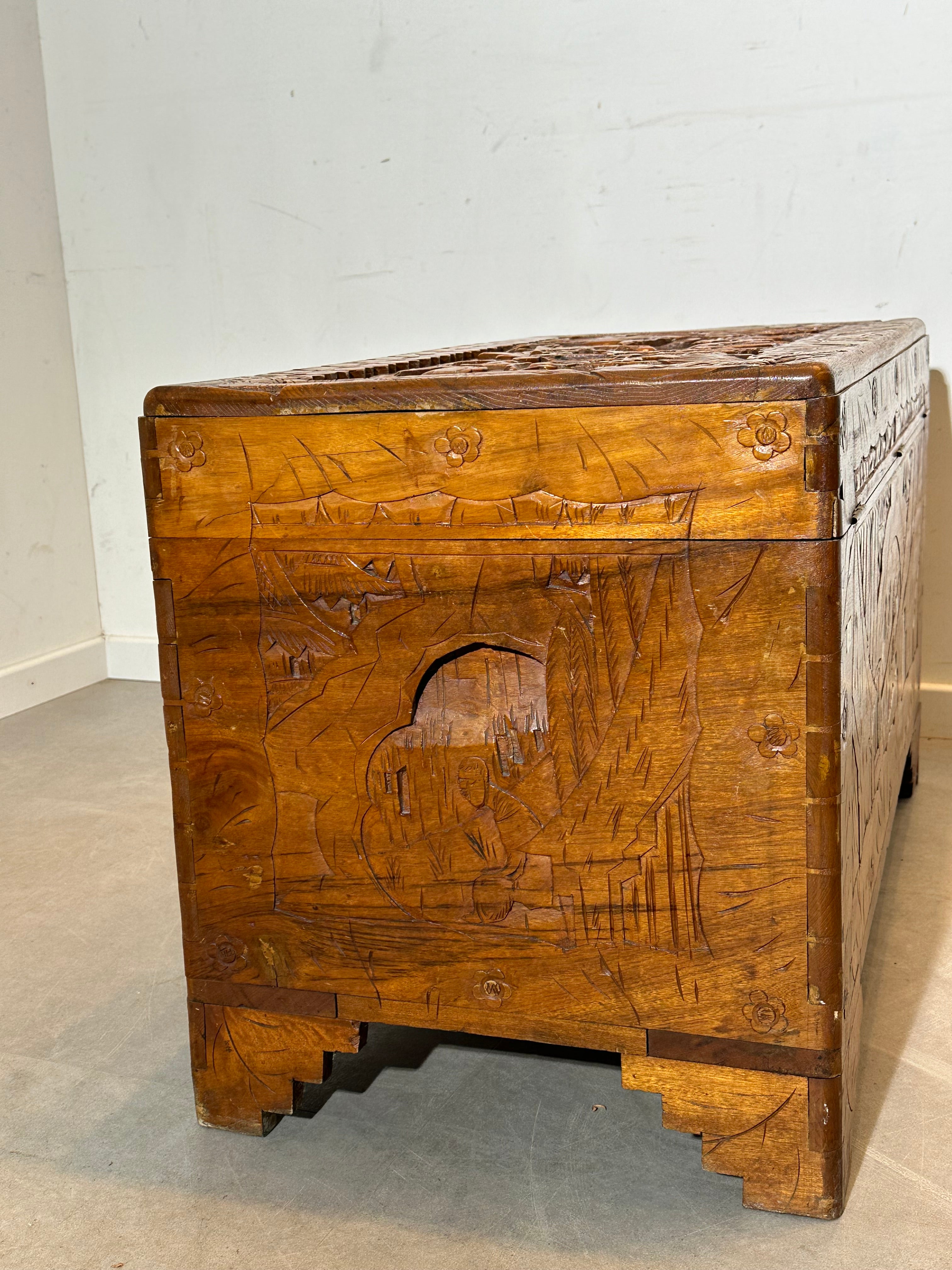 Hand Carved Wooden Storage Chest Asian Style