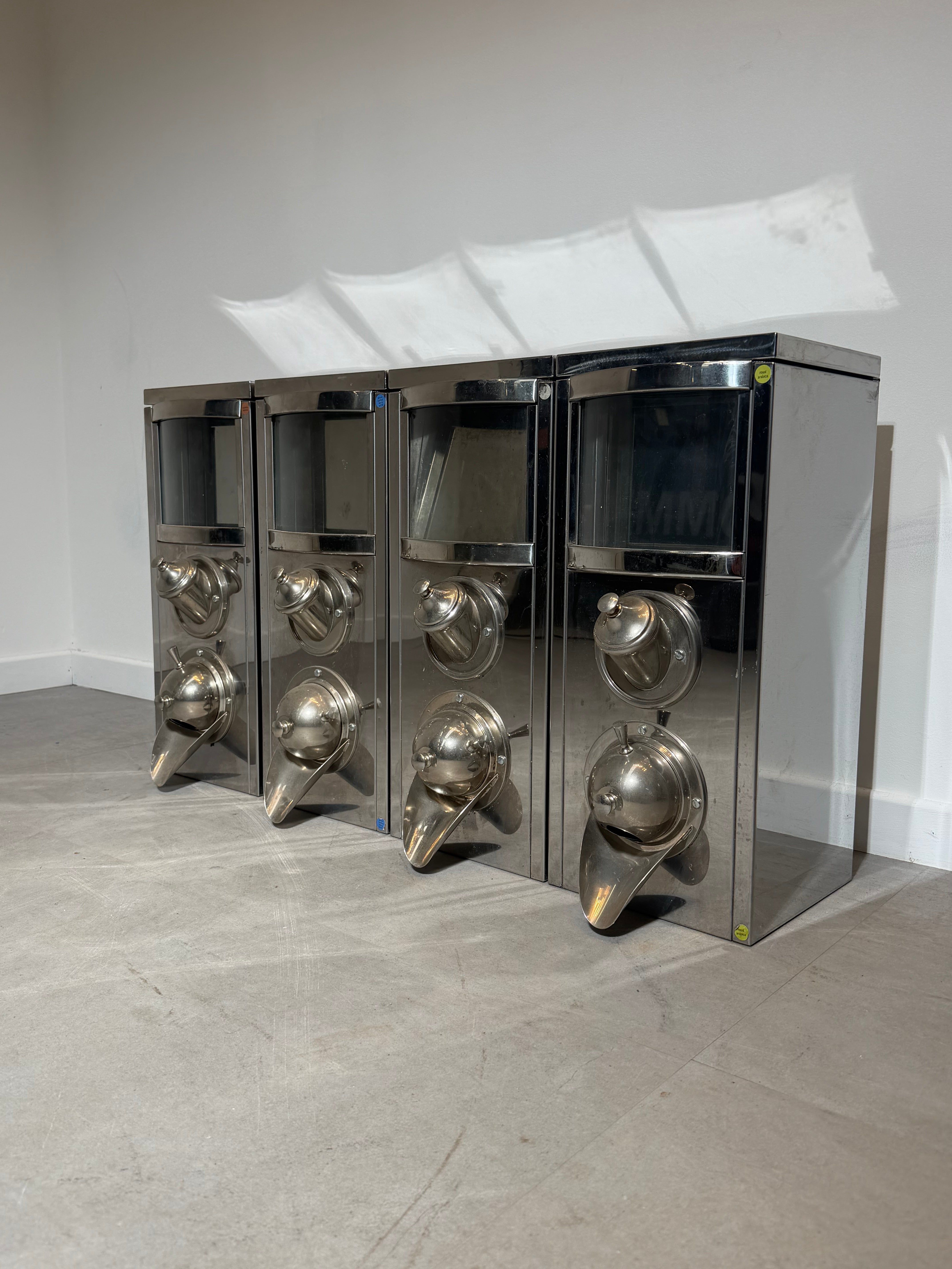 Set of Four Industrial Coffee Silos in Stainless Steel