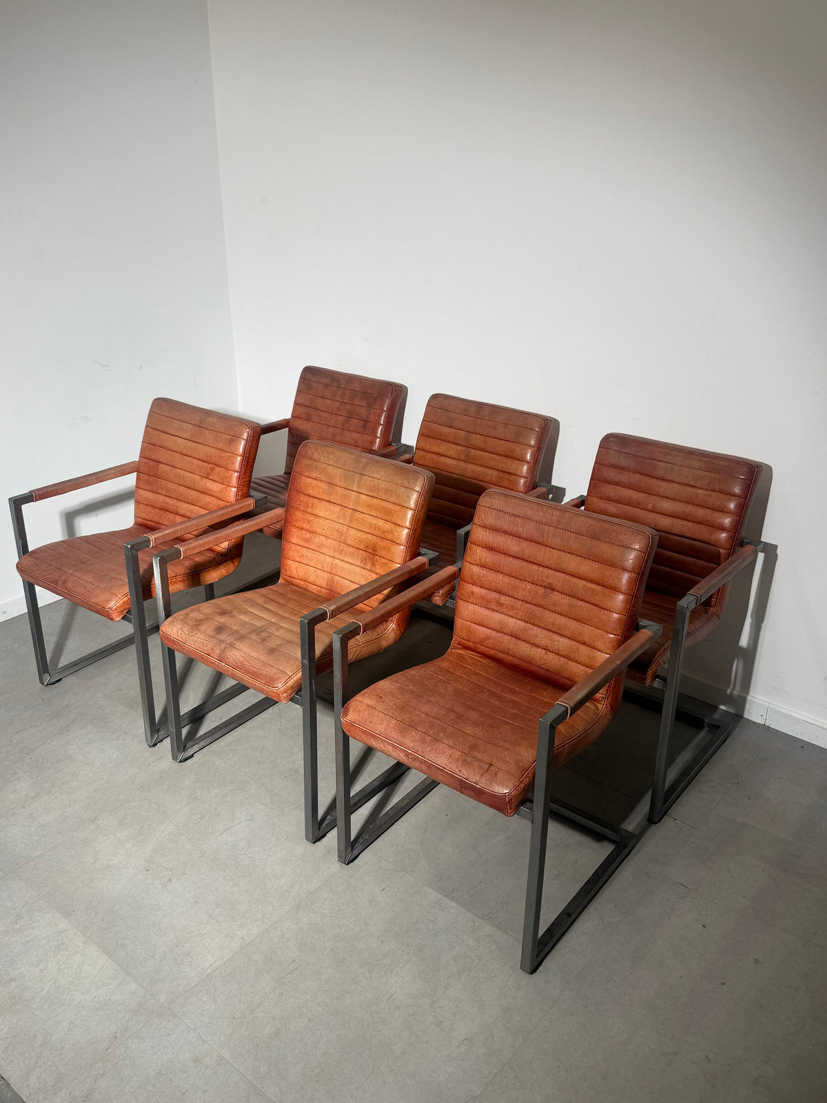 Set of Six Cognac Leather Dining Armchairs