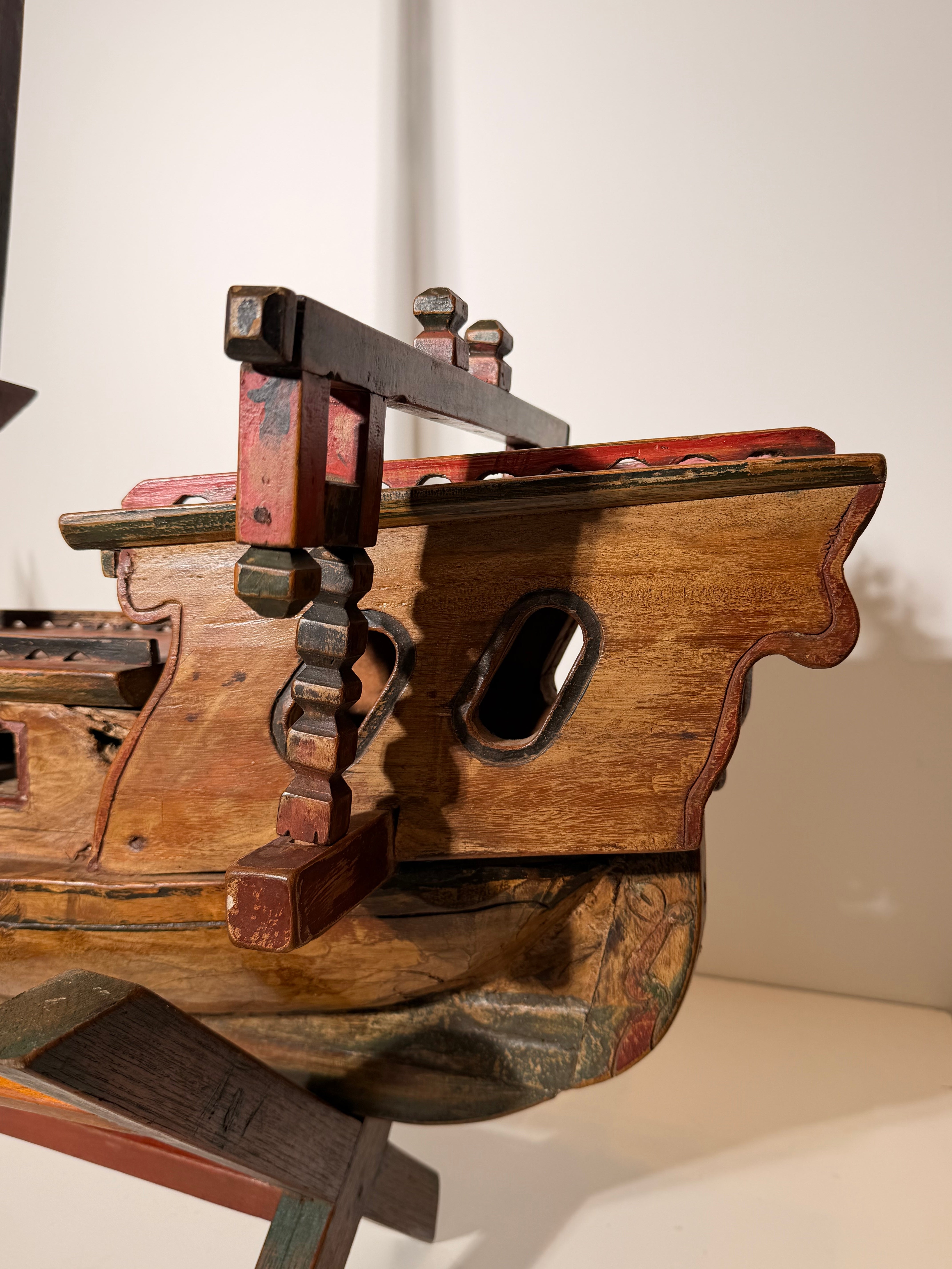 Antique Hand-Carved Wooden Fishing Boat Sculpture on Stand