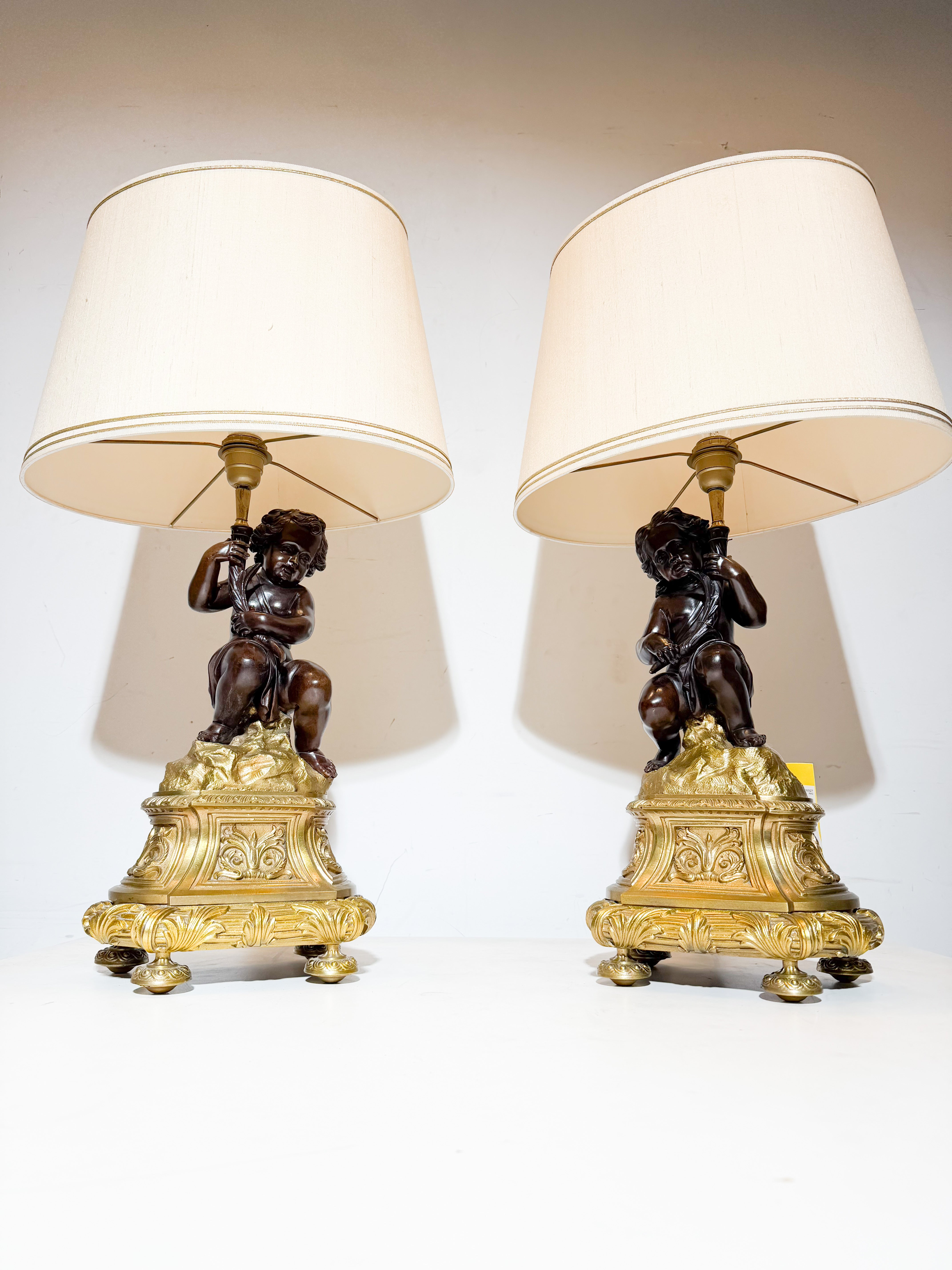 Pair of Bronze Table Lamps with Puttis