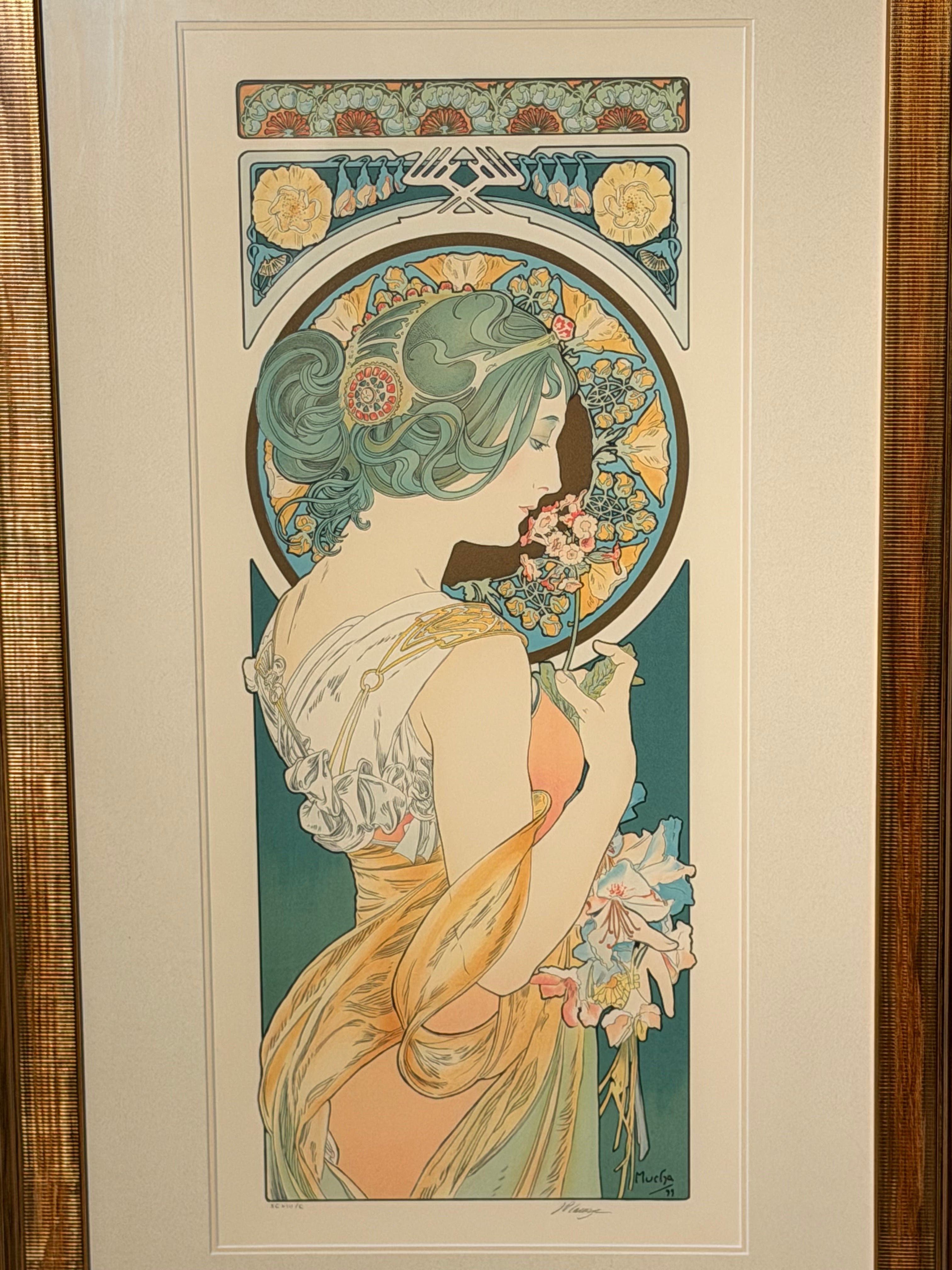 After Alphonse Mucha – Primrose & Feather – Set of Two Framed Colour Lithographs
