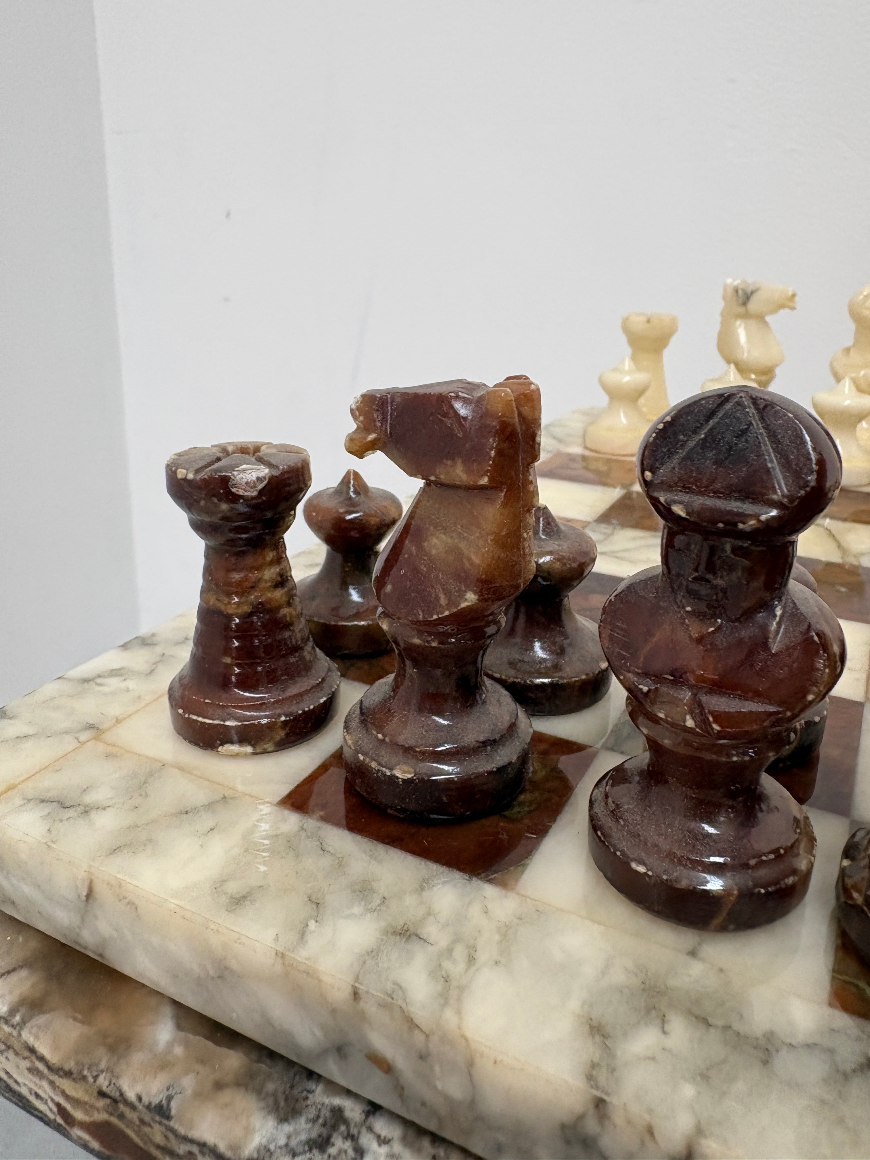 Vintage Marble Chess Set on Marble Pedestal Stand