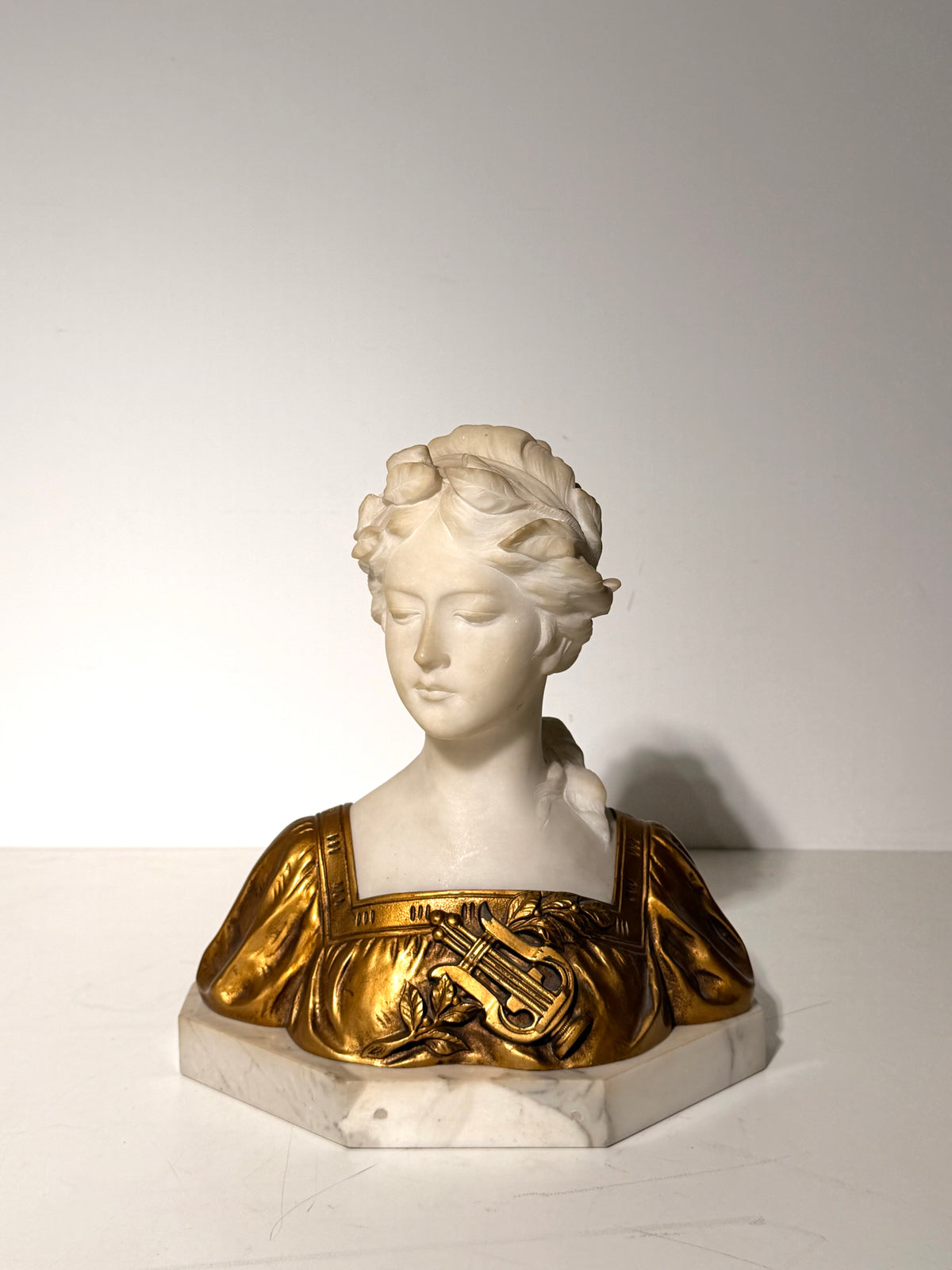 Antique Art Deco Marble Bust of a Young Woman with Gilt Metal Dress – Signed