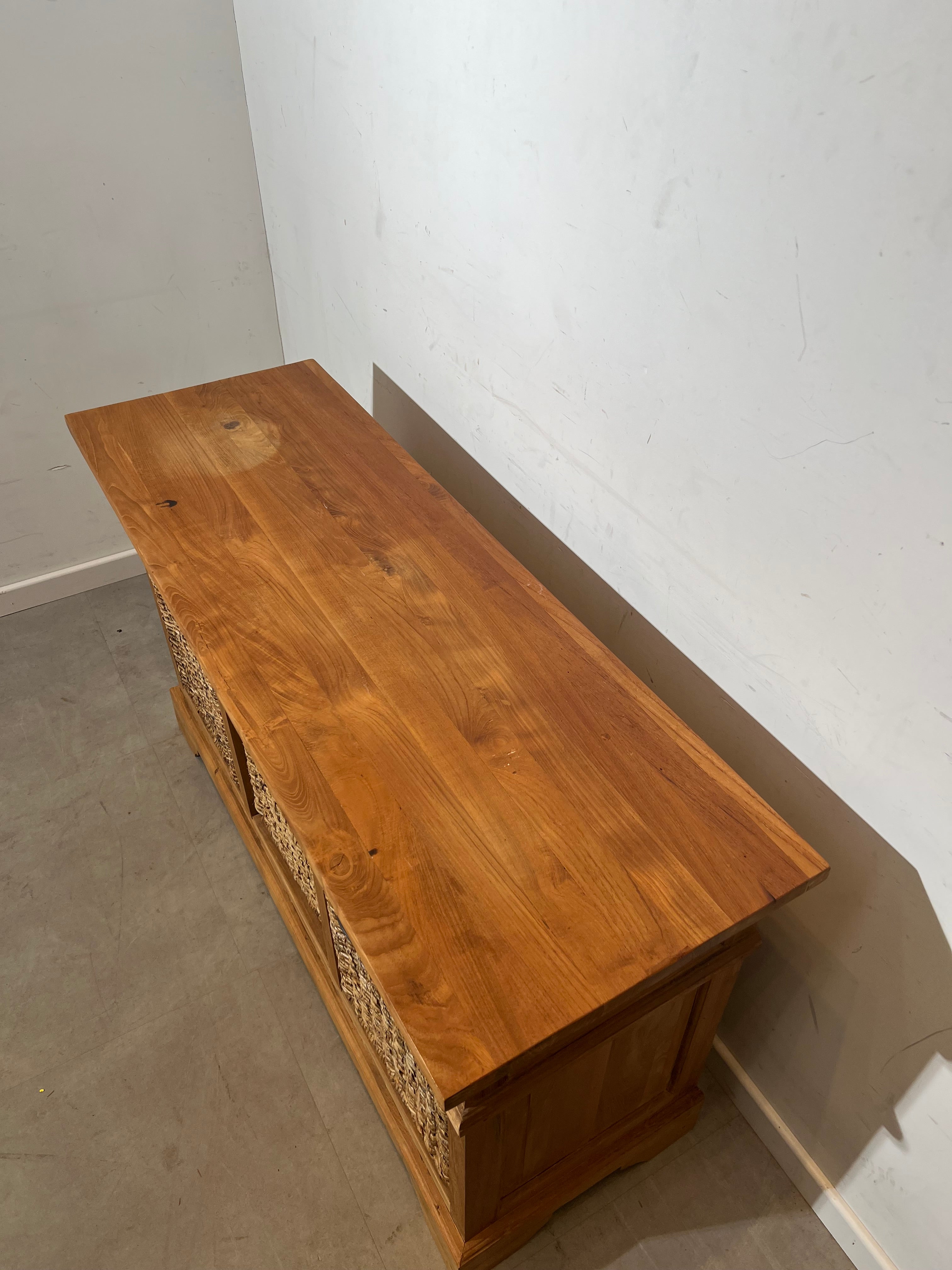 Solid Teak Sideboard with Drawers and Woven Baskets