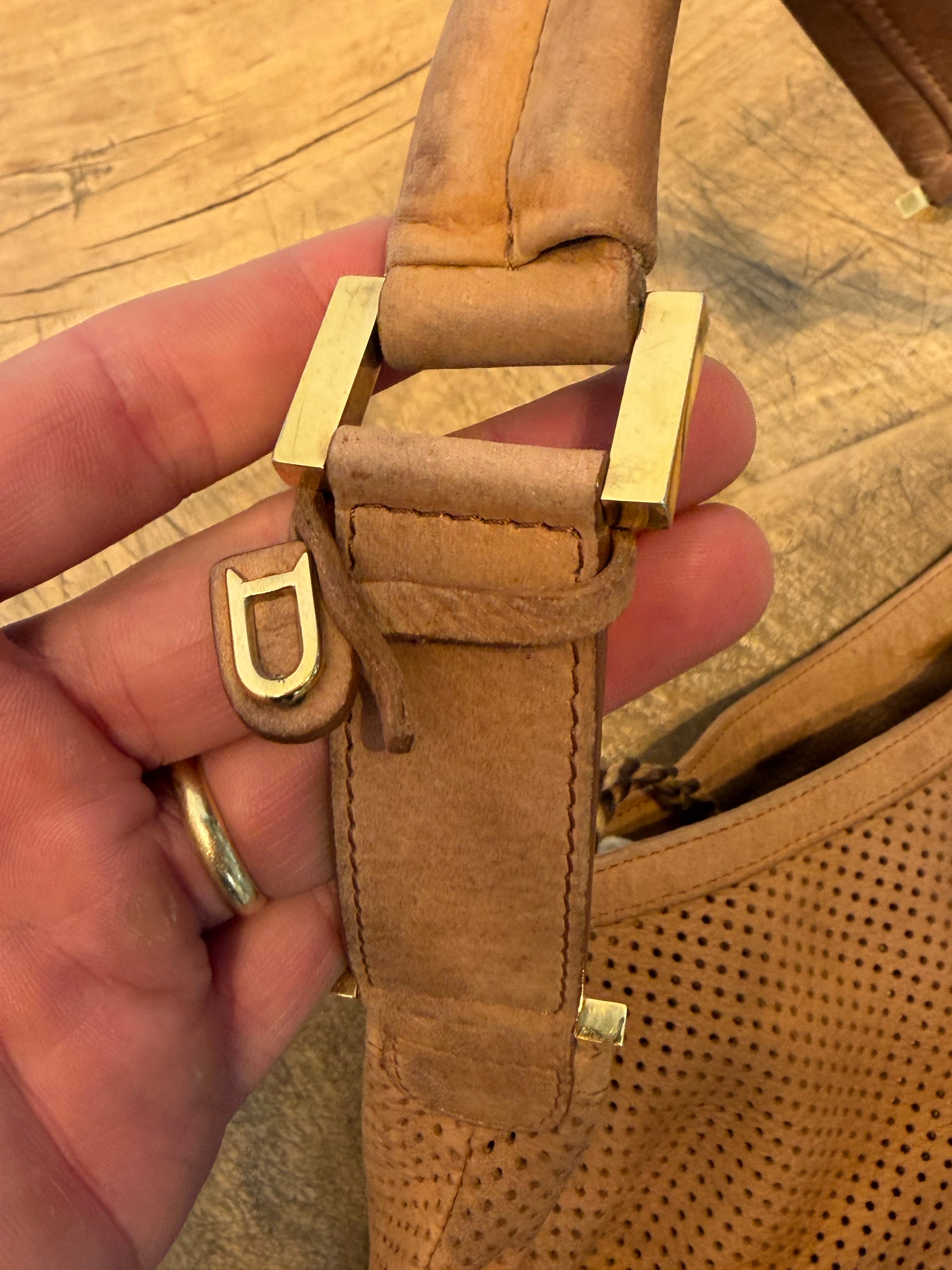 Vintage Delvaux “Louise” Perforated Leather Handbag – Cognac Brown – 30 x 30 cm