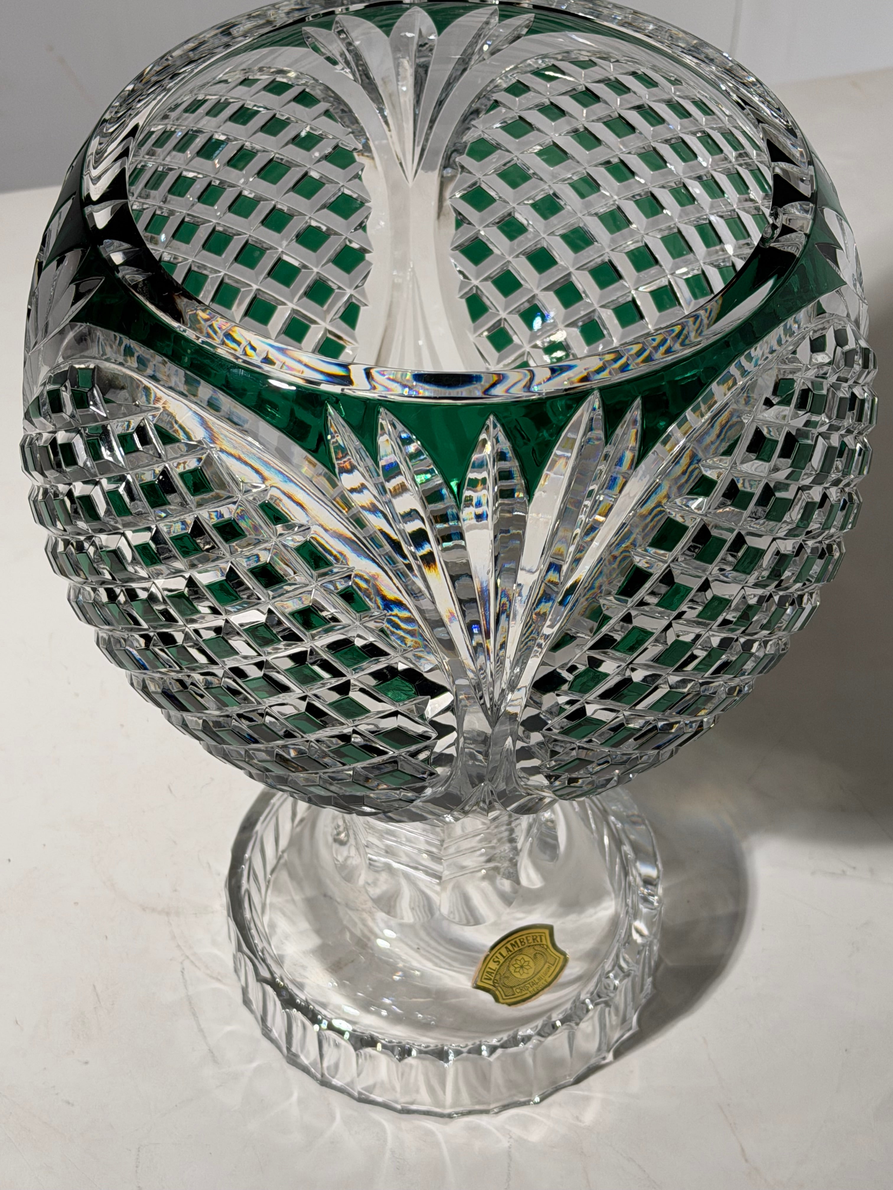 Val Saint Lambert Zorba Crystal Vase – Green Overlay Cut Crystal – H 40 cm