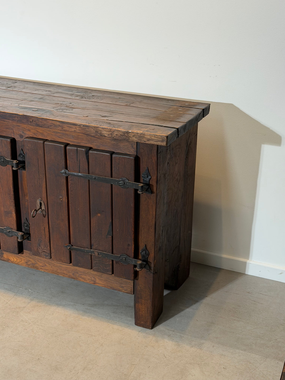 Large Brutalist Solid Wood Sideboard with Hand-Forged Iron Hardware