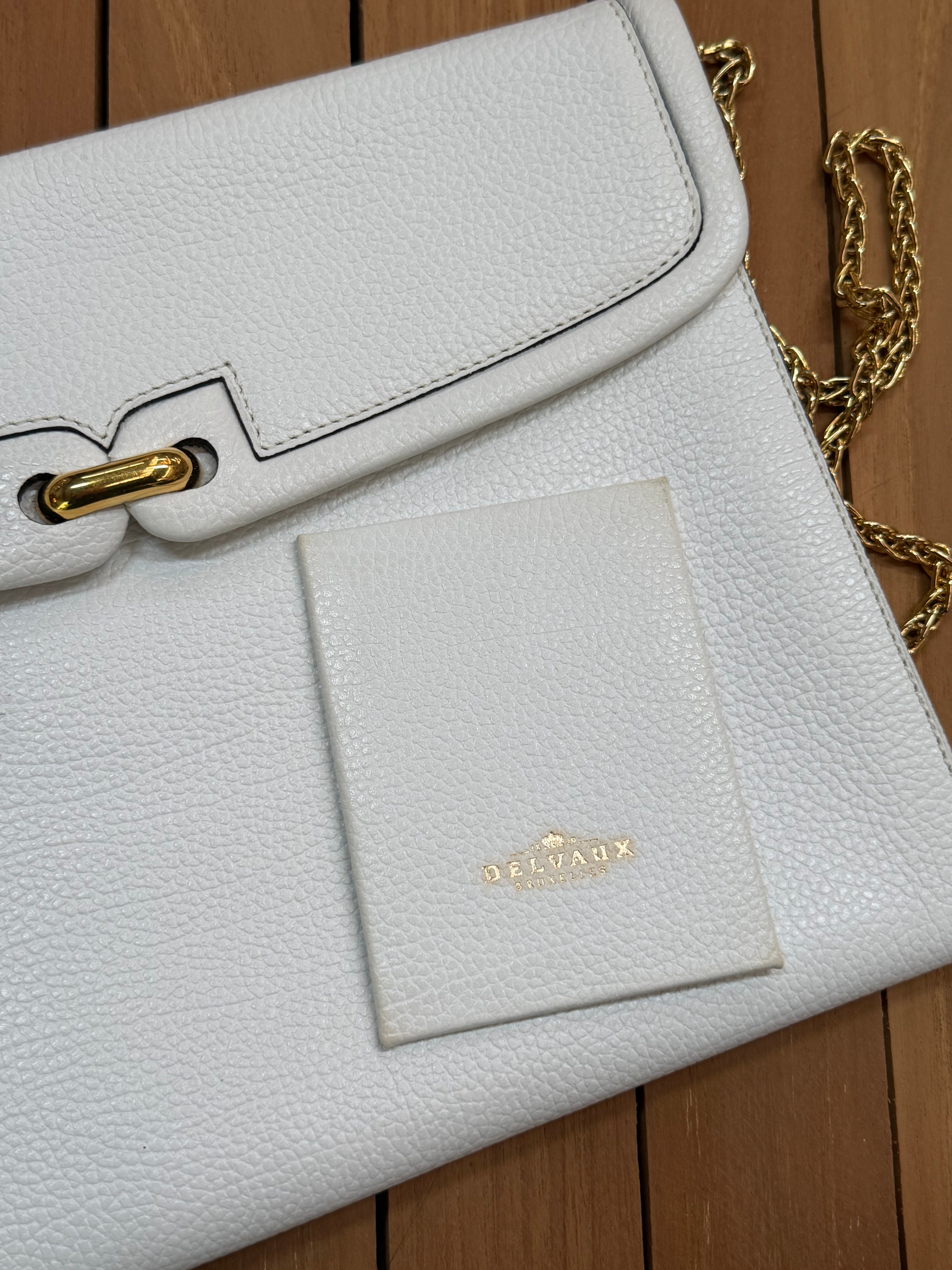Vintage Delvaux White Leather Clutch Bag with Chain Strap