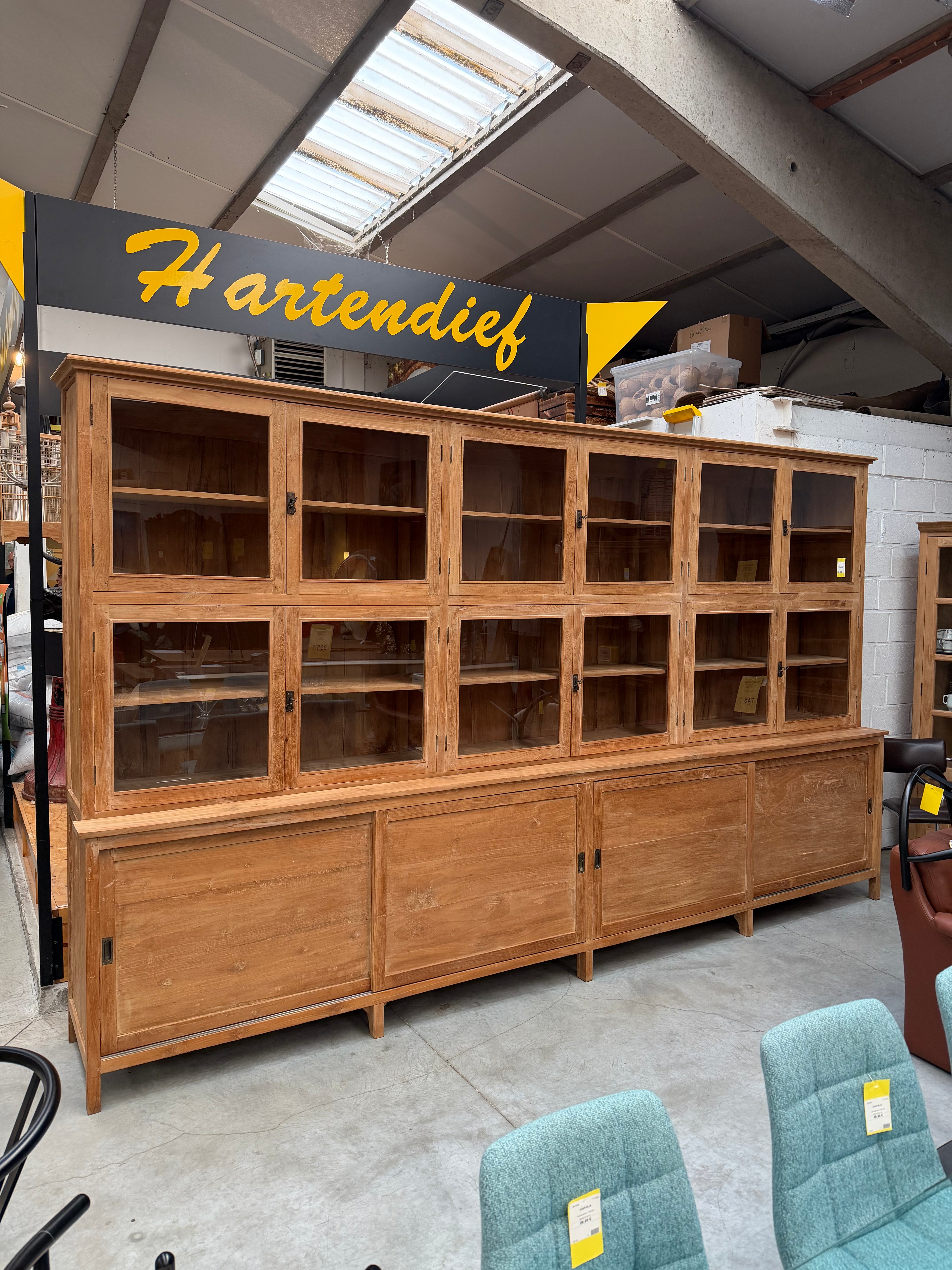 XL Massive Teakwood Display Cabinet – 405 cm – Two-Piece Library Cabinet – Glass Doors