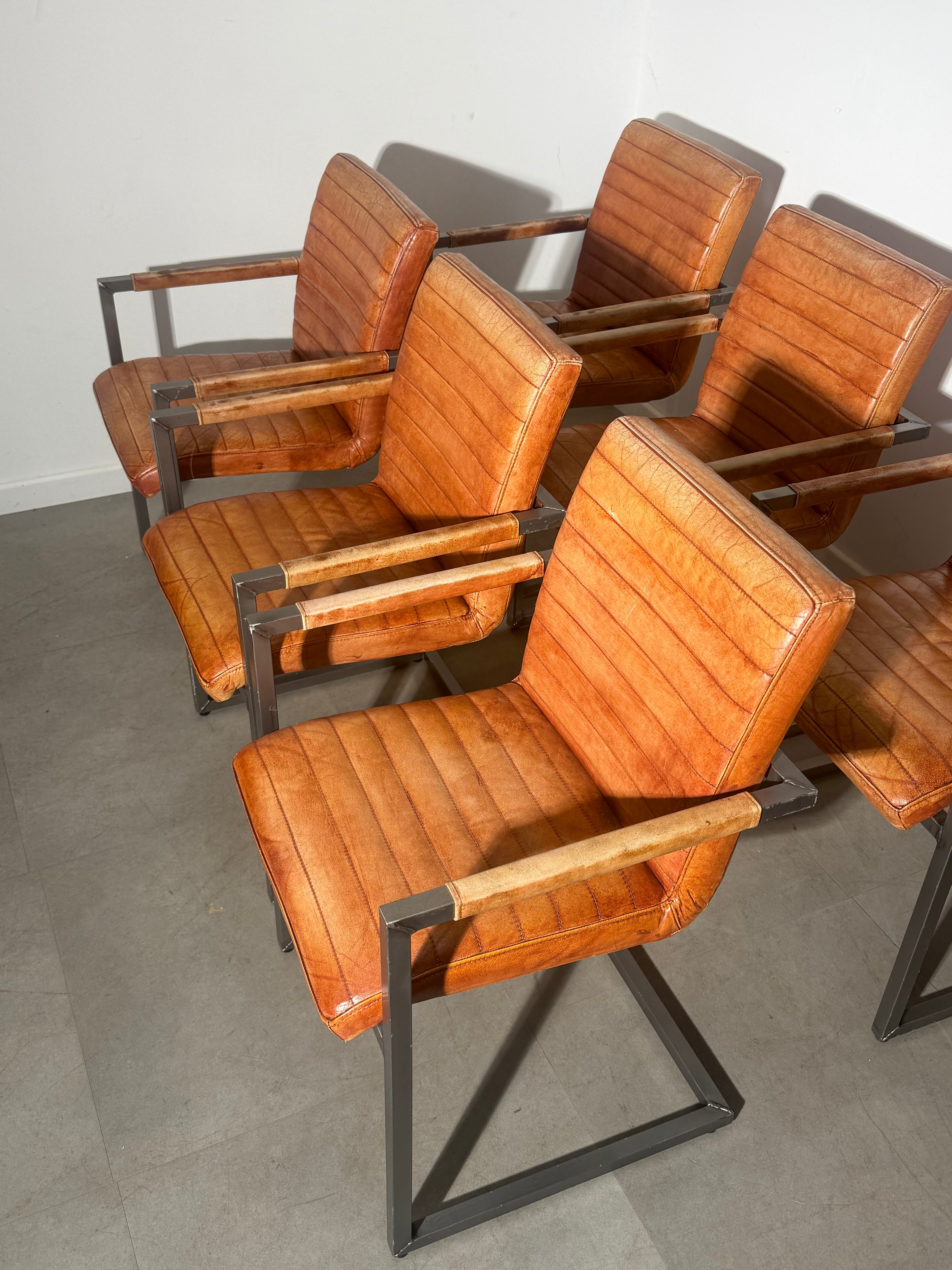 Set of 6 Vintage Cognac Leather Cantilever Armchairs