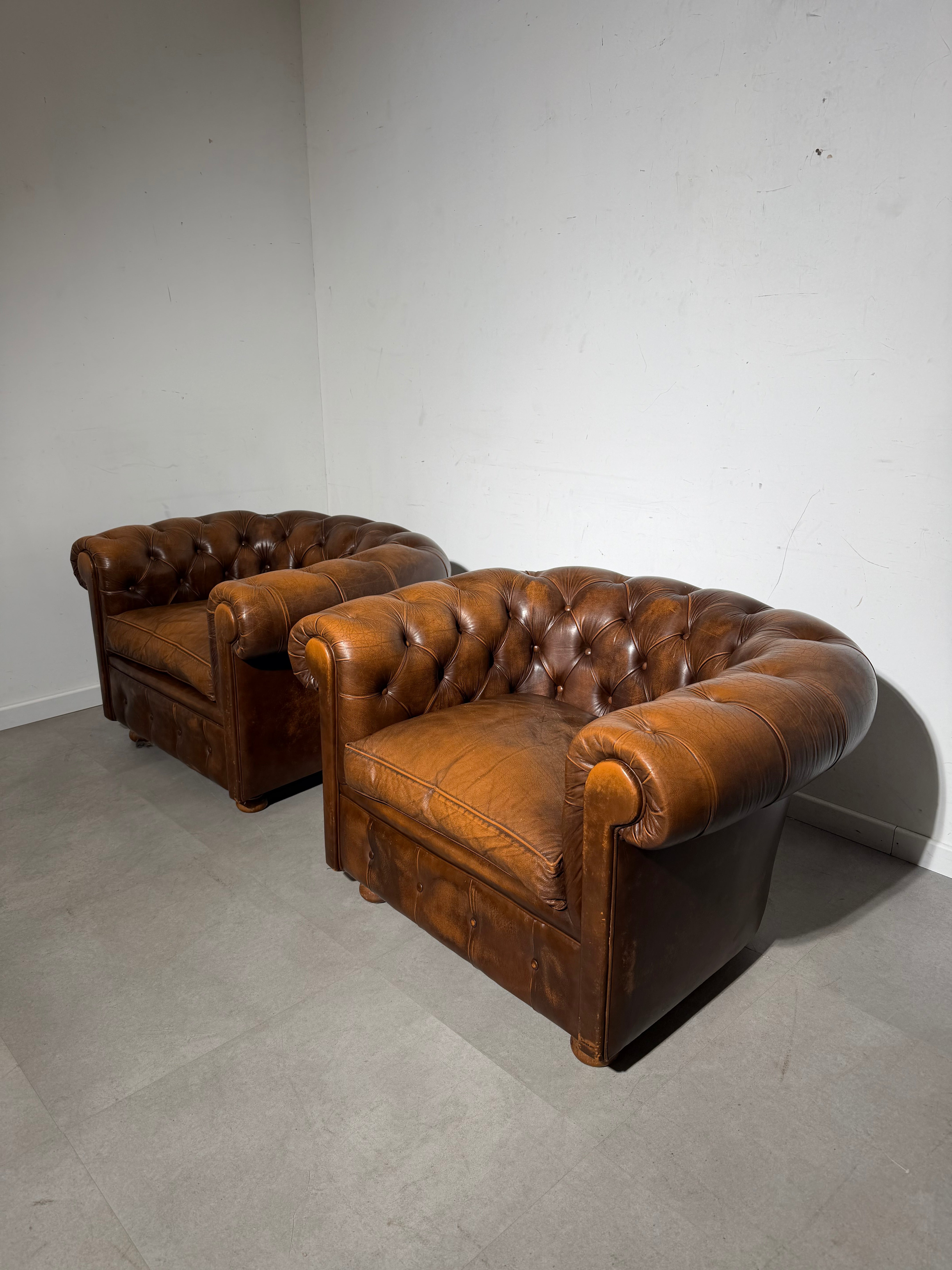 Pair of Vintage Chesterfield Club Chairs in Cognac Leather – Beautiful Patina