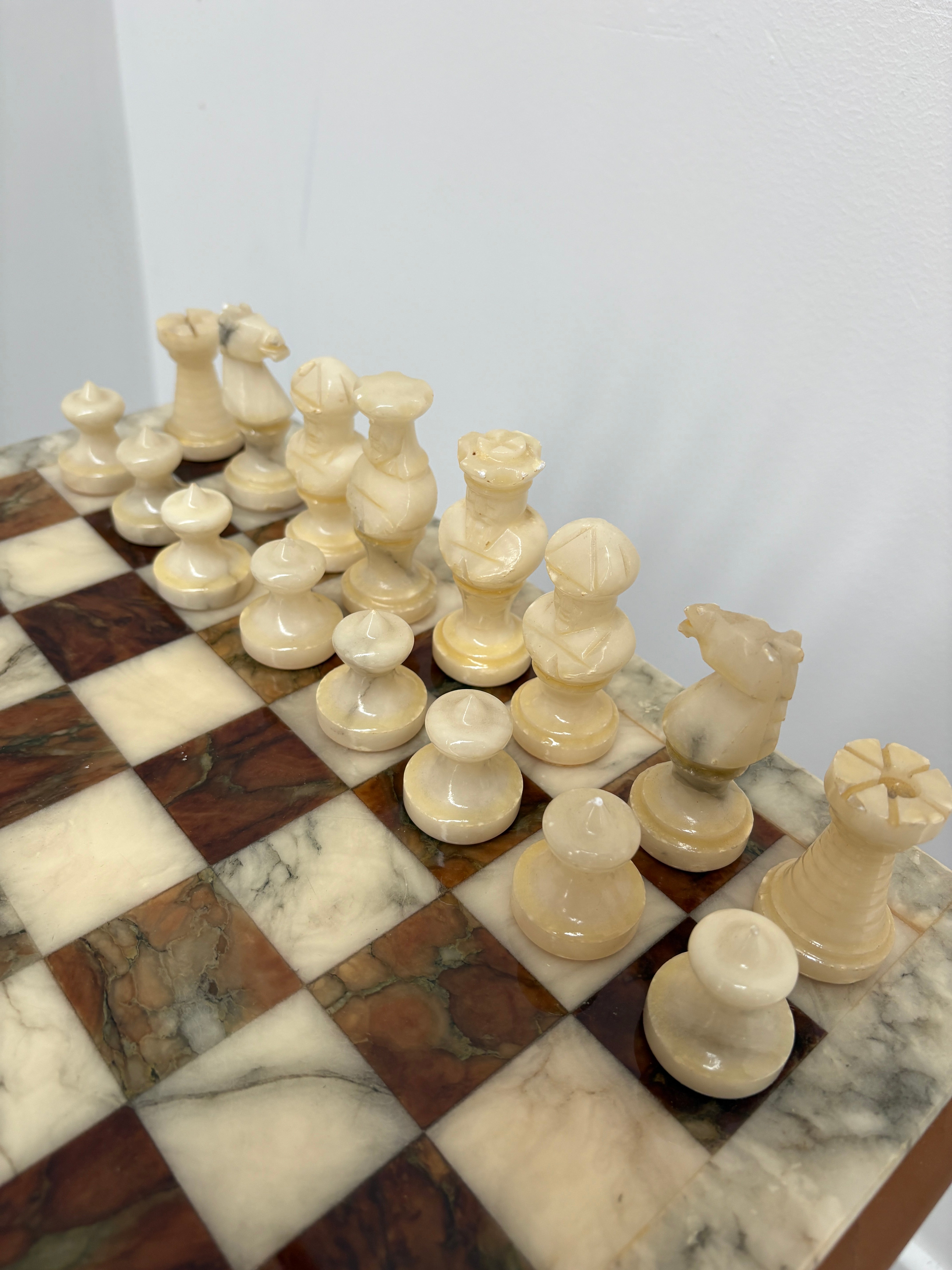 Vintage Marble Chess Set on Marble Pedestal Stand