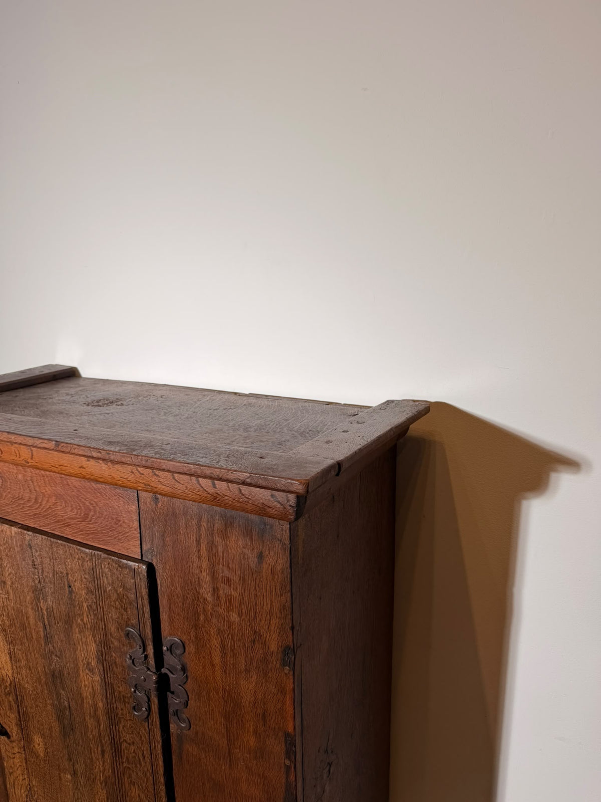 19th-Century Wooden Cabinet with Decorative Iron Hinges — 134 × 85 × 42 cm