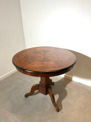 Antique Round Wooden Dining Table – Star Inlay – Pedestal Base