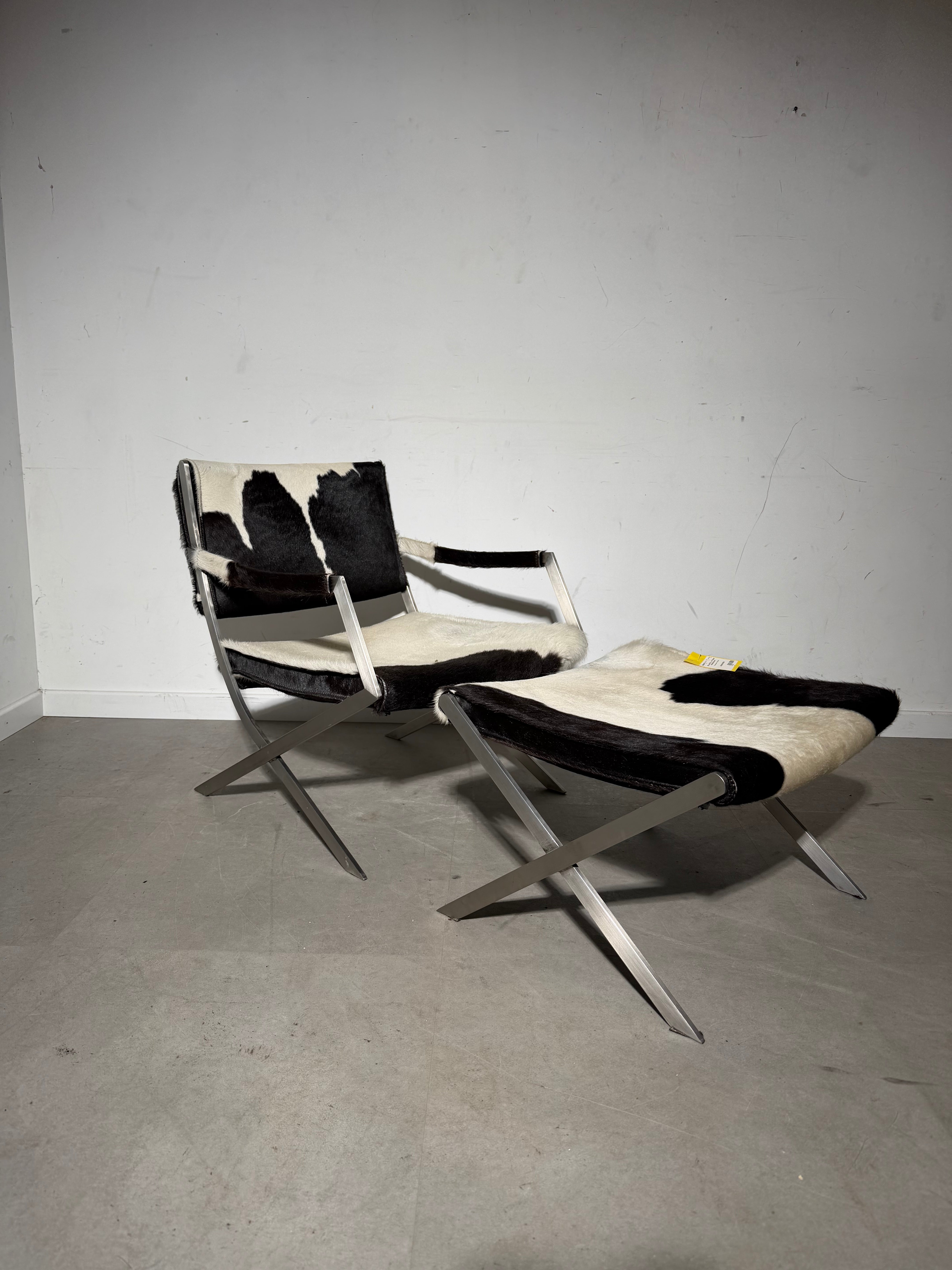 Vintage Lounge Chair with Ottoman in Cowhide Leather