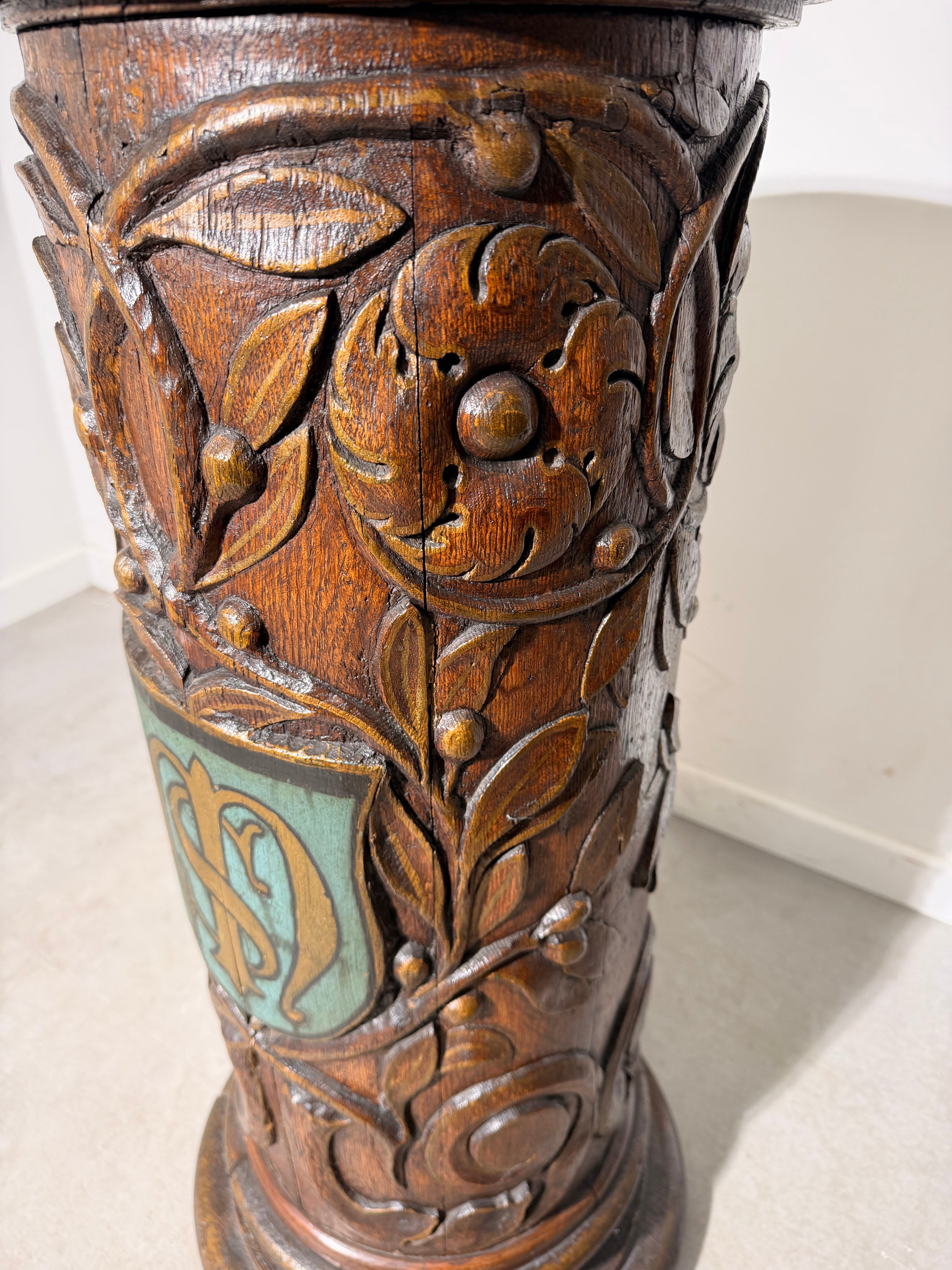 18th Century Carved Oak Heraldic Pedestal