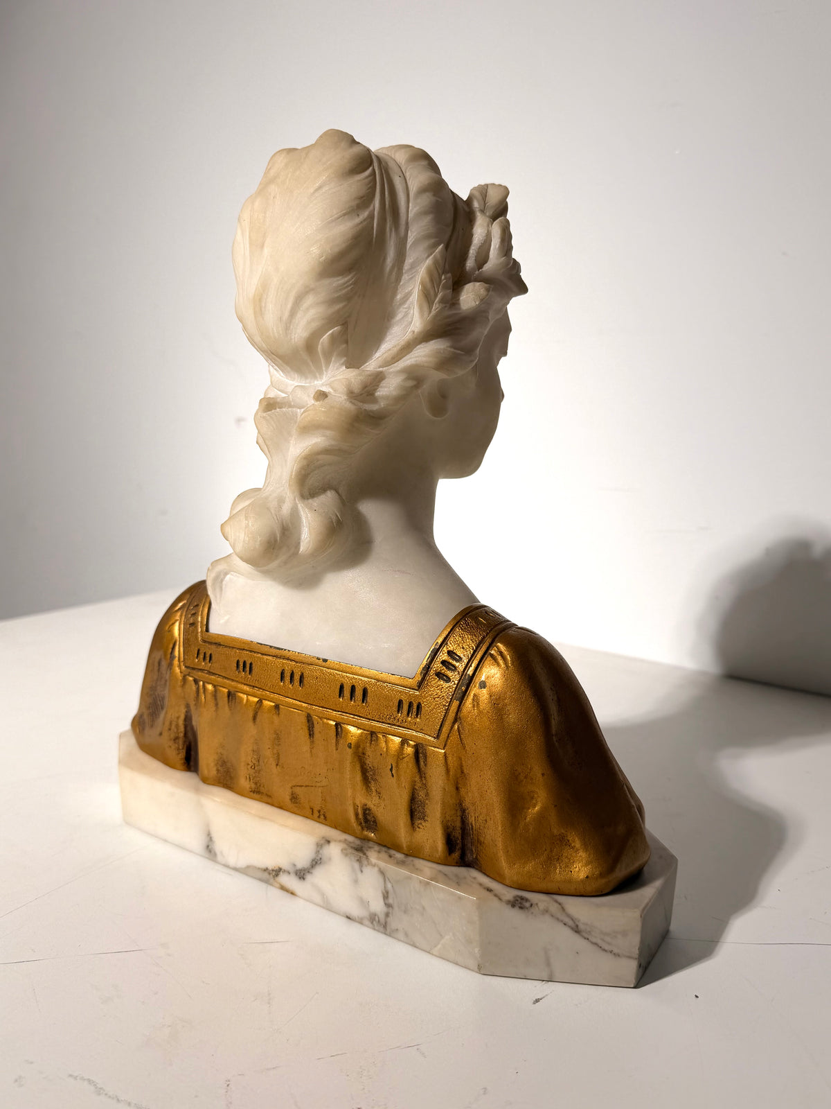 Antique Art Deco Marble Bust of a Young Woman with Gilt Metal Dress – Signed