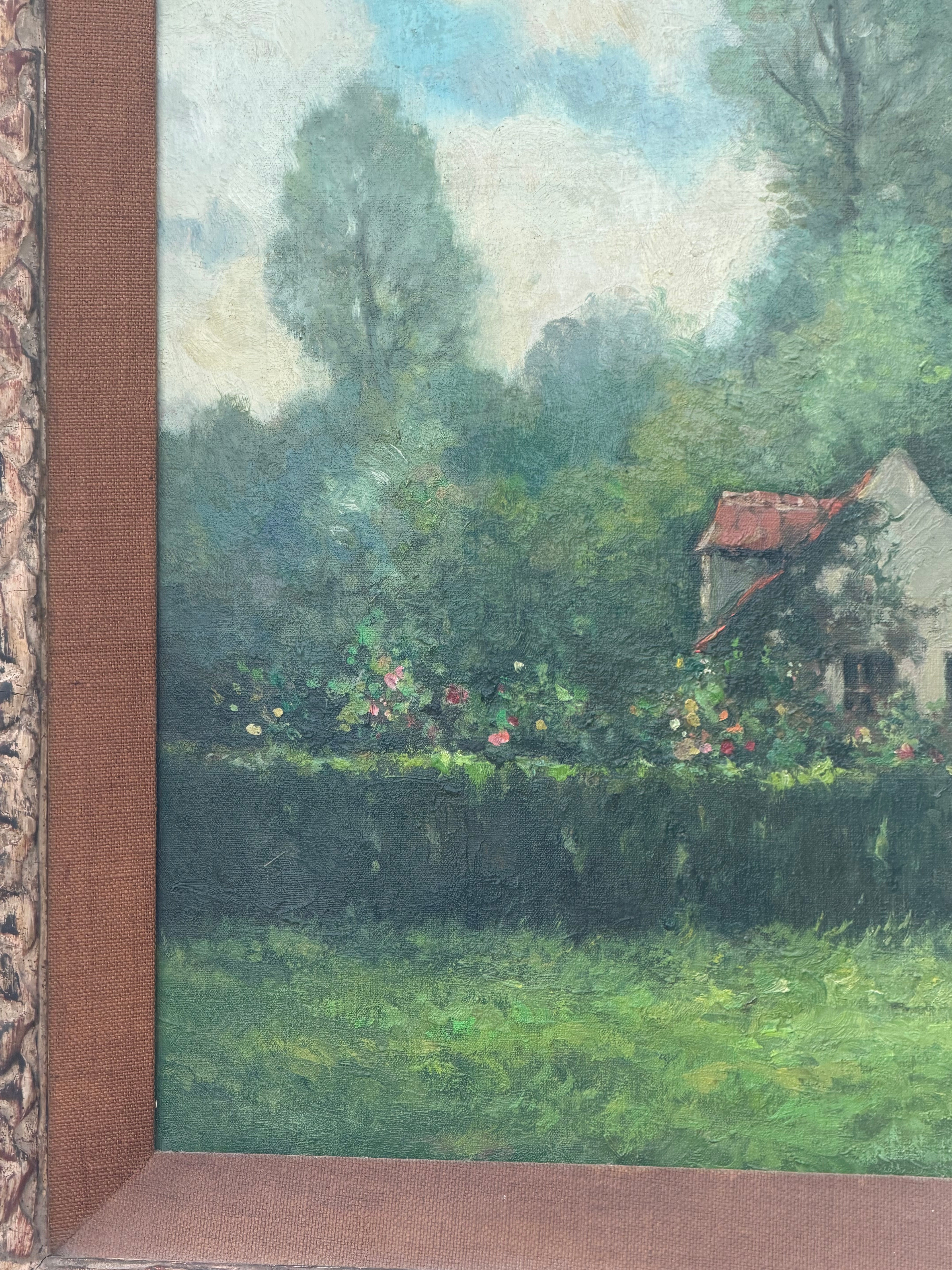 Antique Oil on Canvas Painting by Wuest – Countryside House Scene – 110 x 96 cm