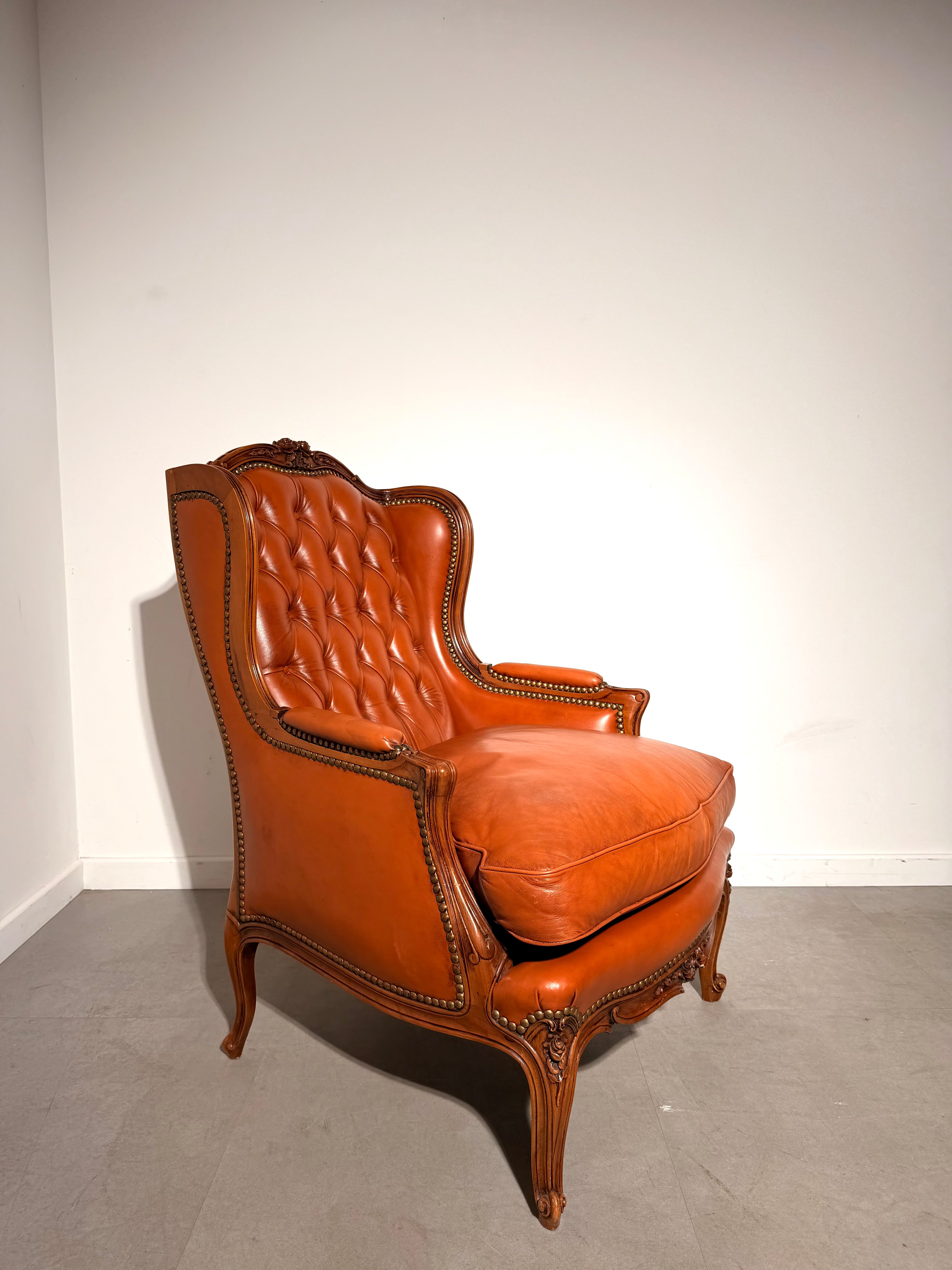 Antique Cognac Leather Bergère Armchair