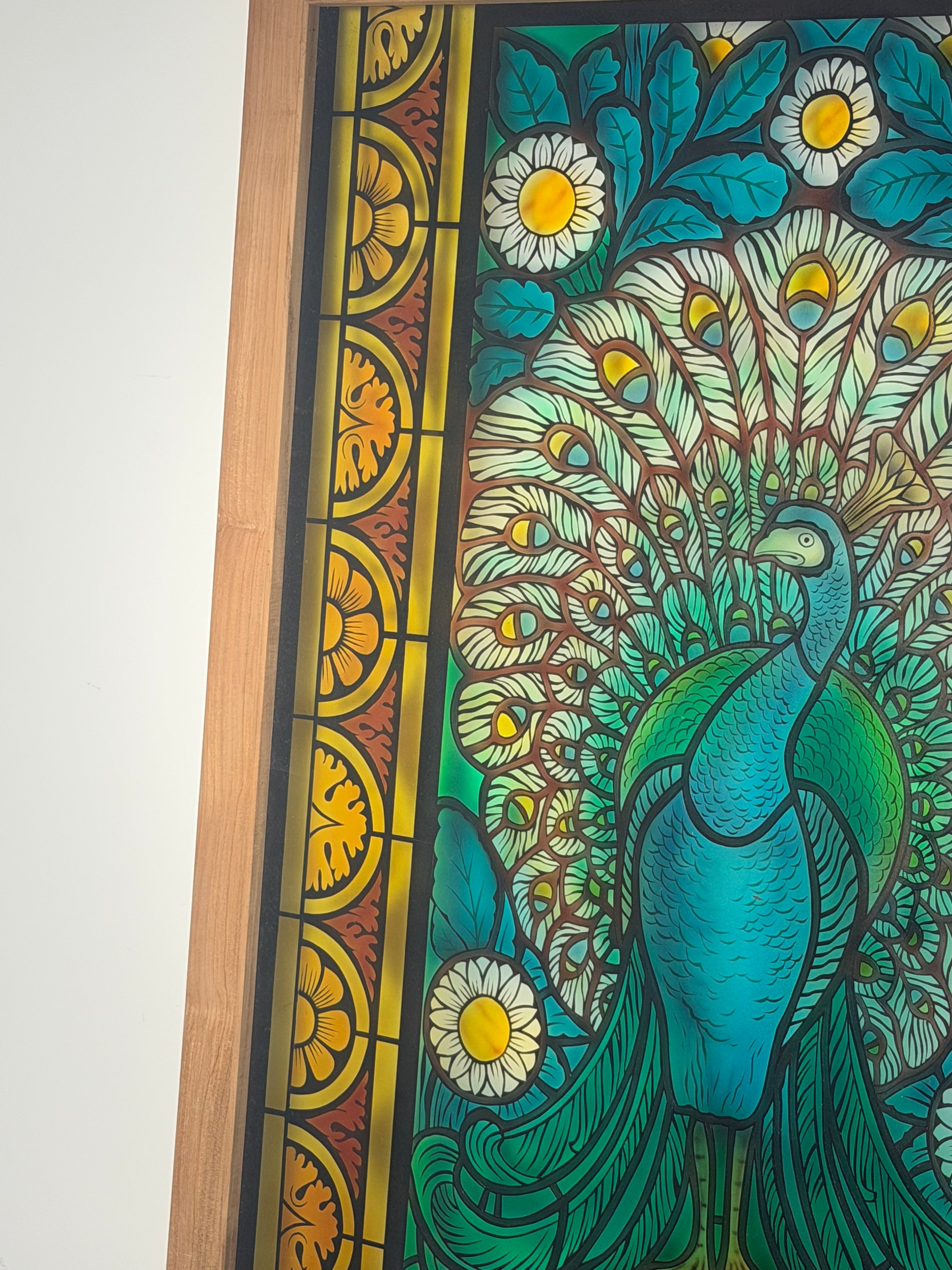 Large Decorative Stained Glass Peacock Panel