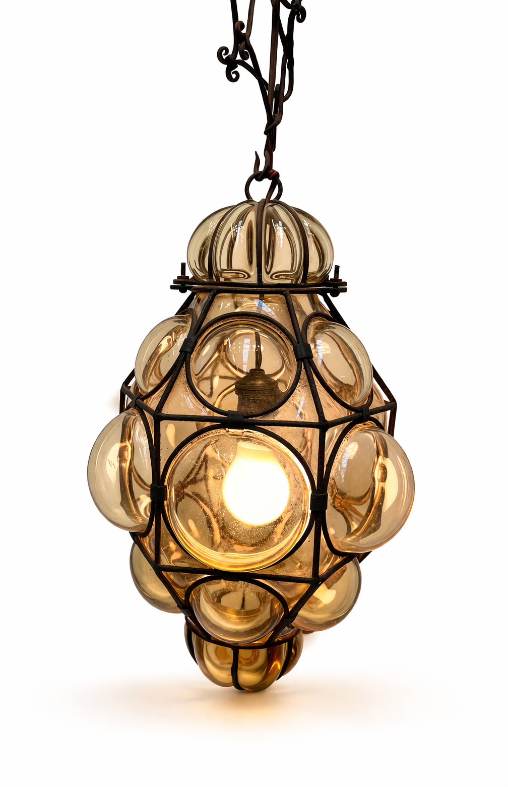 Vintage Amber Bubble Glass Pendant Lamp in Wrought Iron Frame