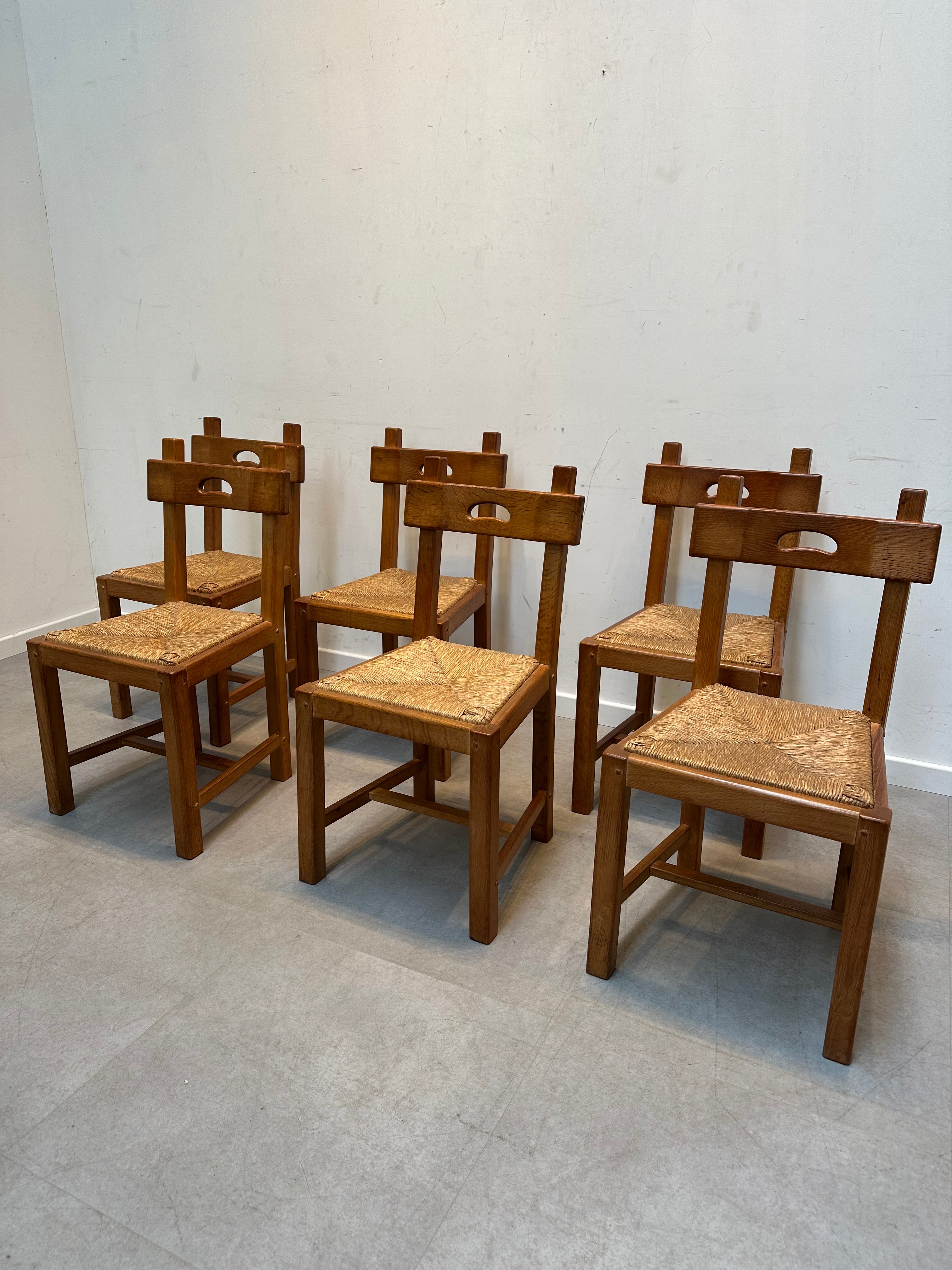 Brutalist oak dining table with 6 chairs