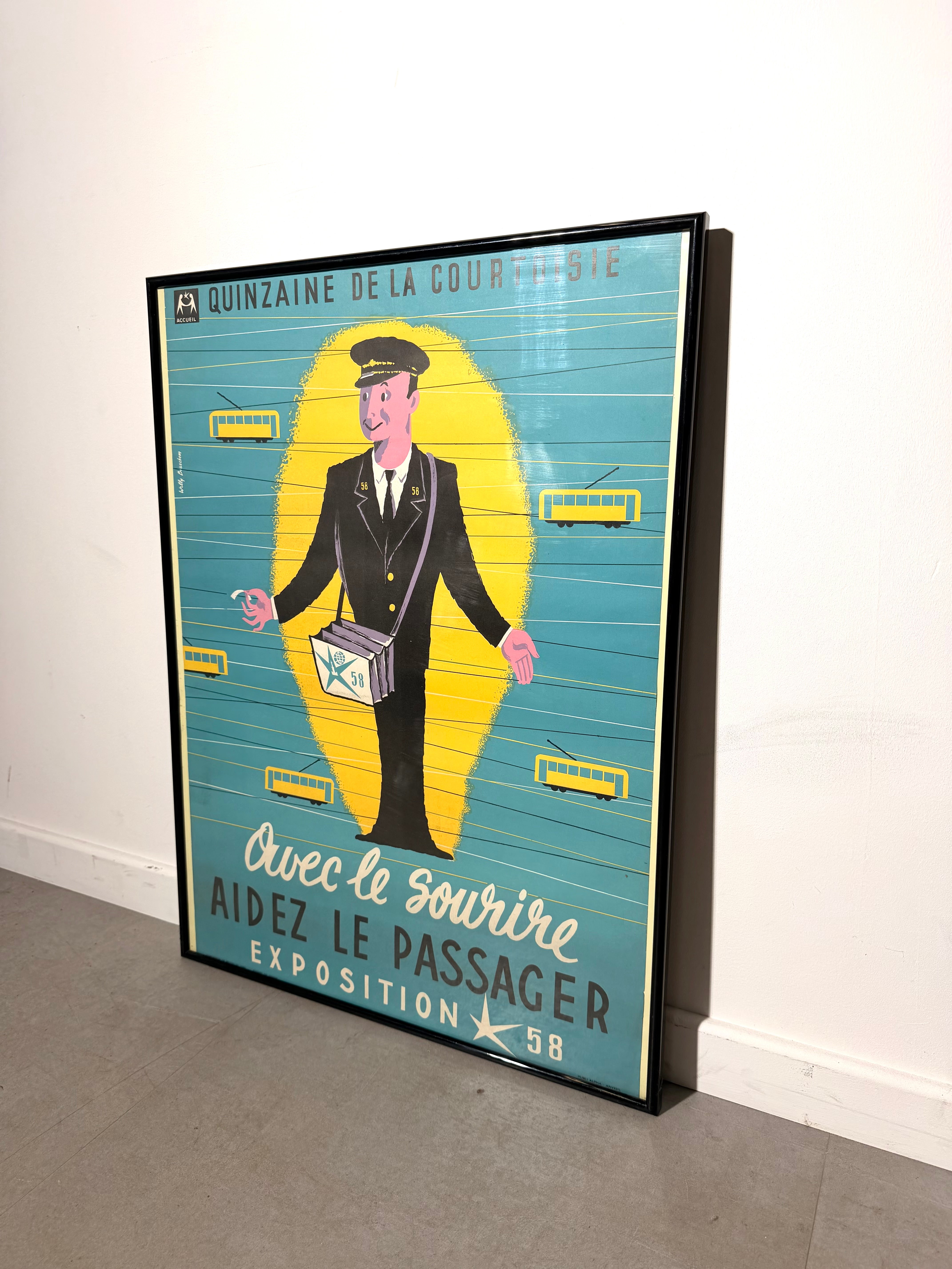 Original 1958 Expo 58 “Quinzaine de la Courtoisie” Brussels Public Transport Poster