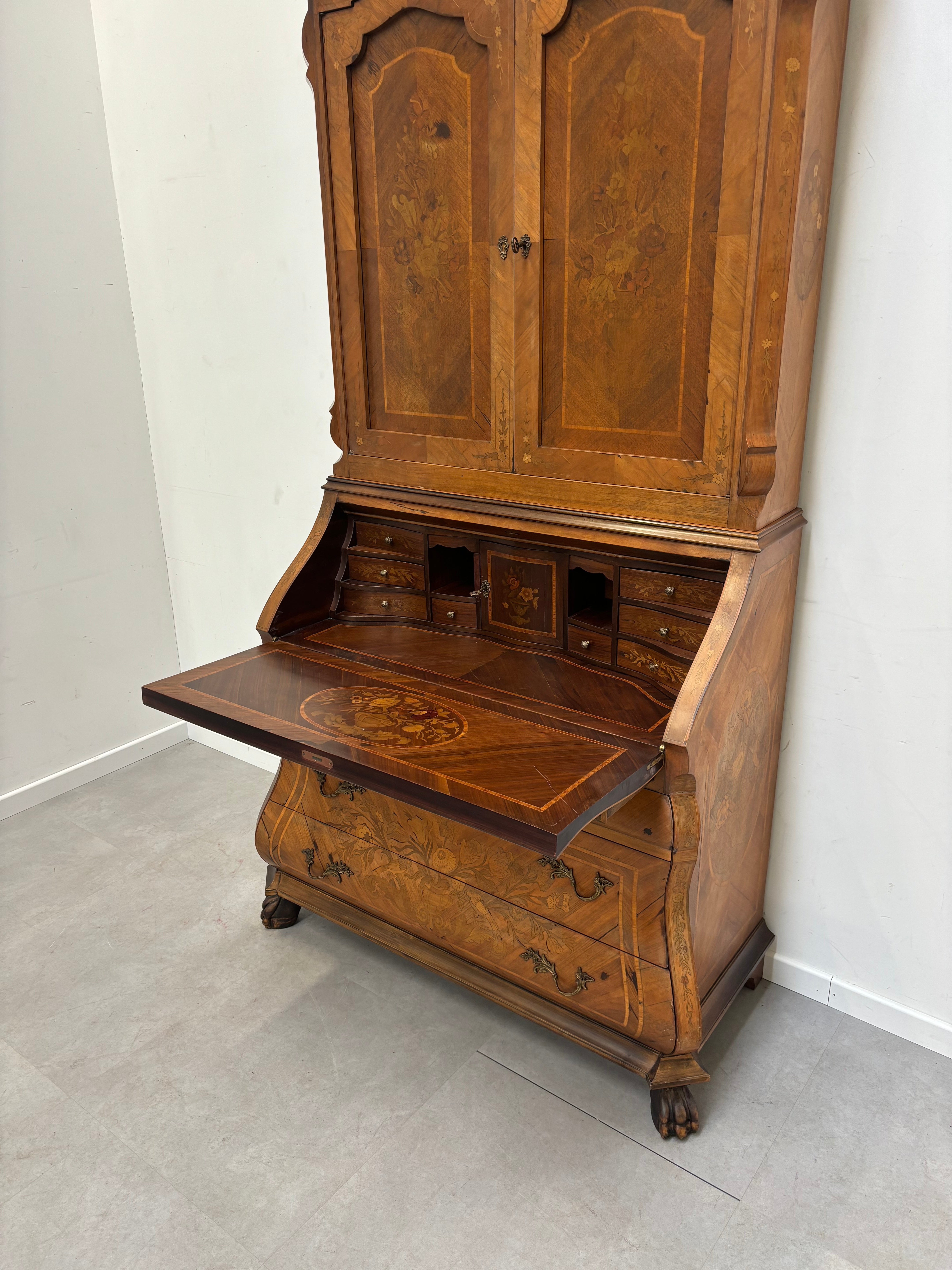 19th Century Antique Dutch Marquetry Inlaid Burr Walnut Cupboard