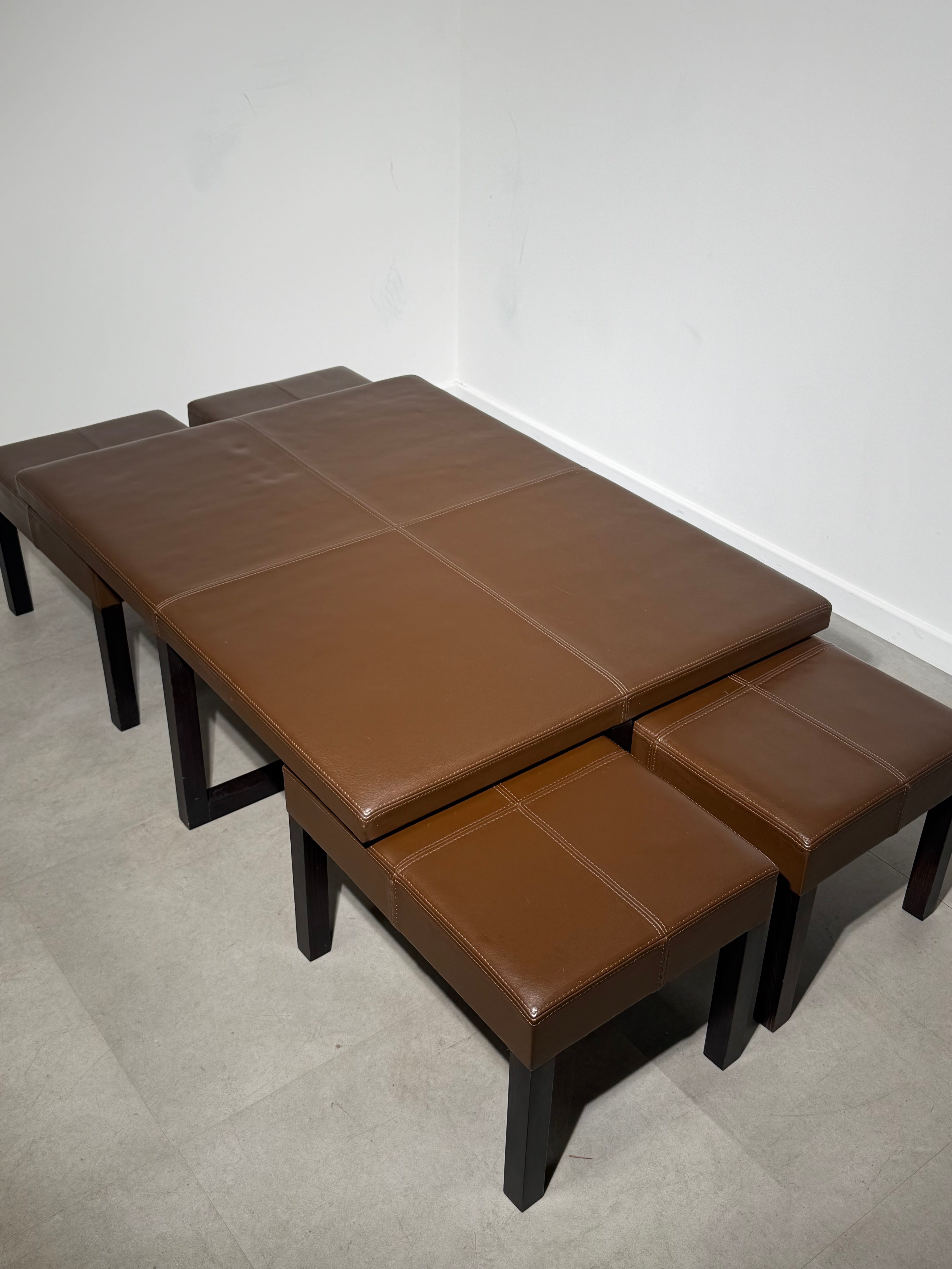 Contemporary Leather Coffee Table with Four Nesting Stools