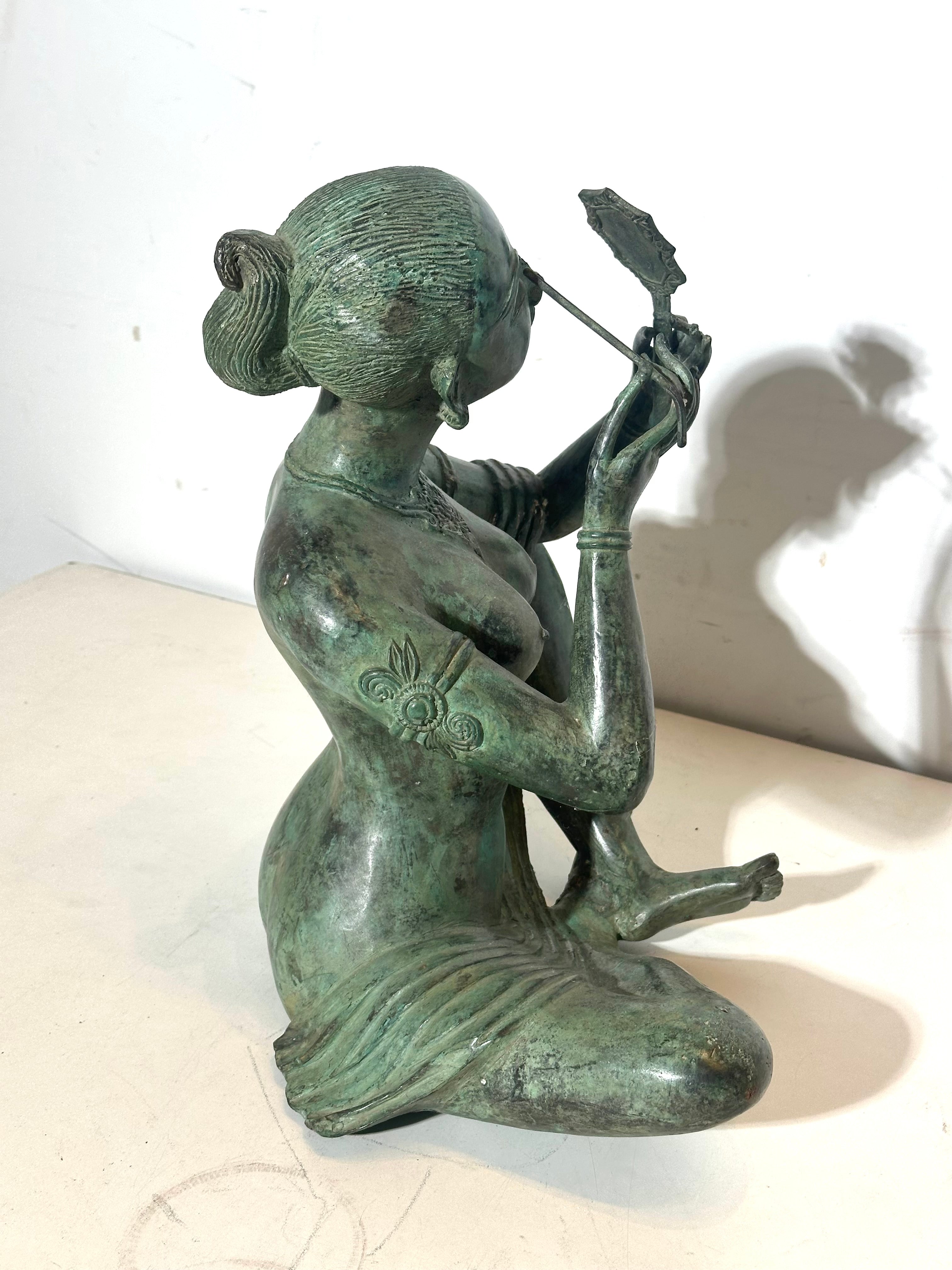 Patinated Bronze Figure – Seated Woman with Mirror