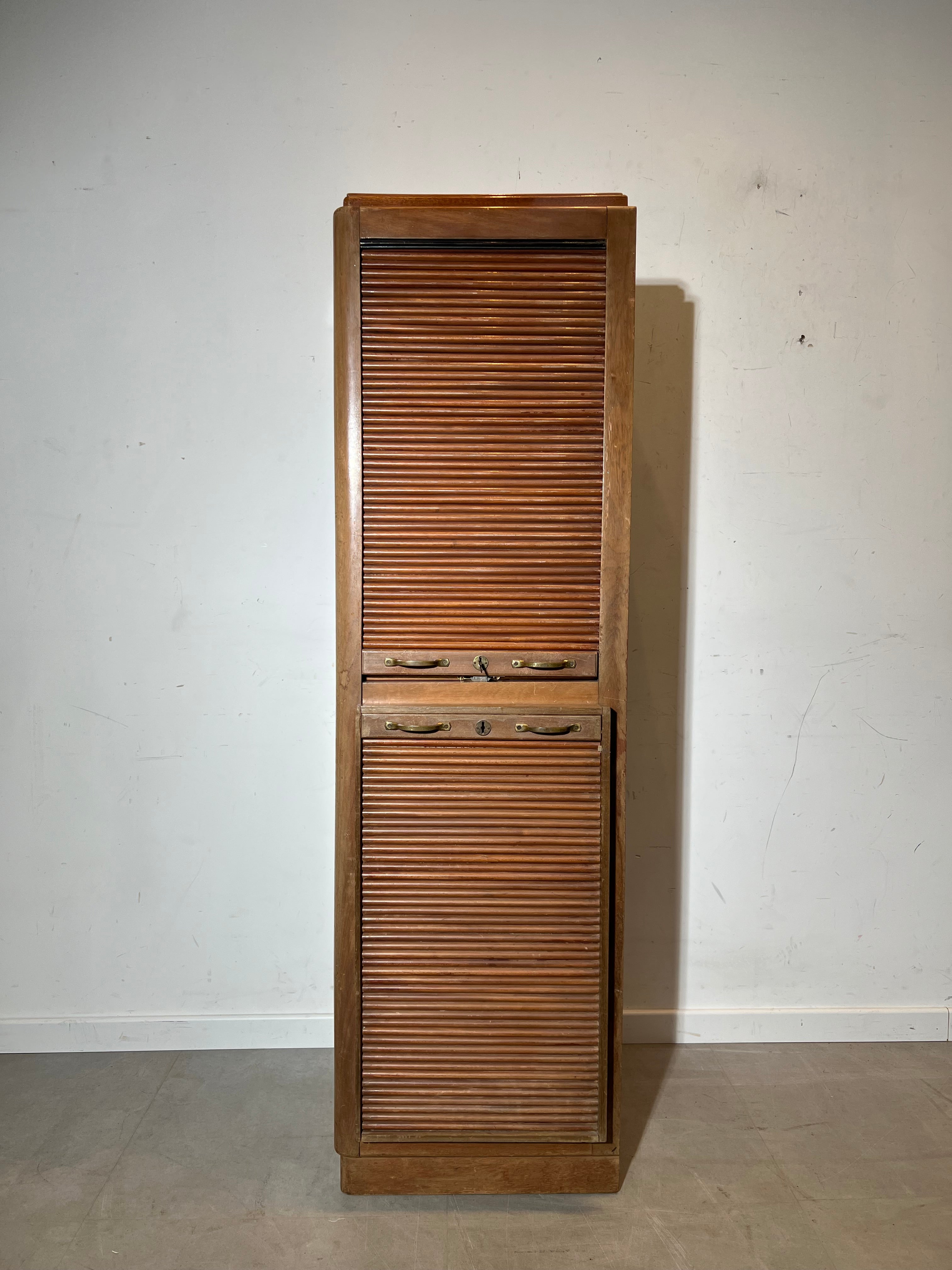 Vintage Wooden Tambour Door Filing Cabinet with Pull-Out Trays