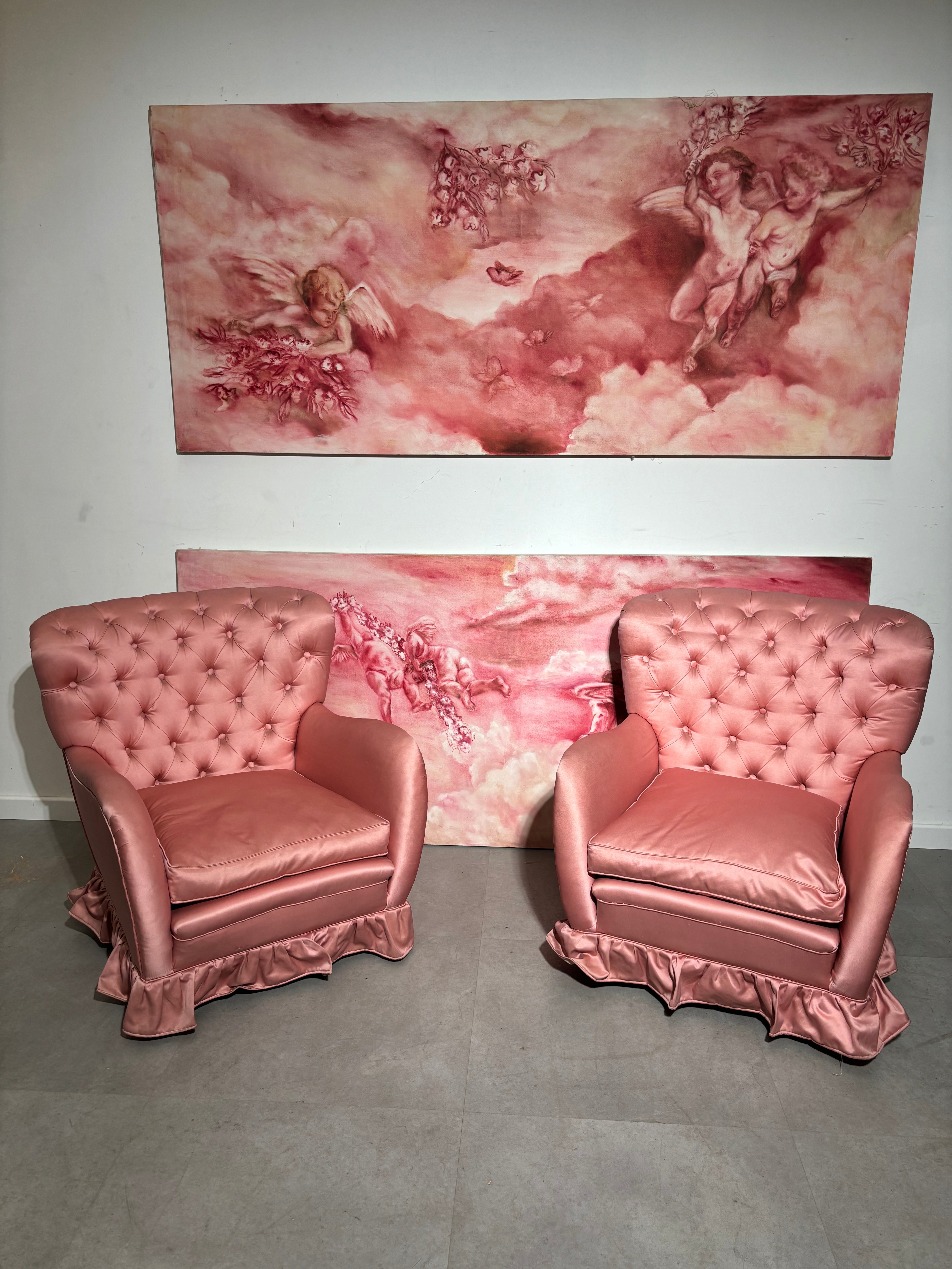 Pair of 1920’s Rosé silk armchairs