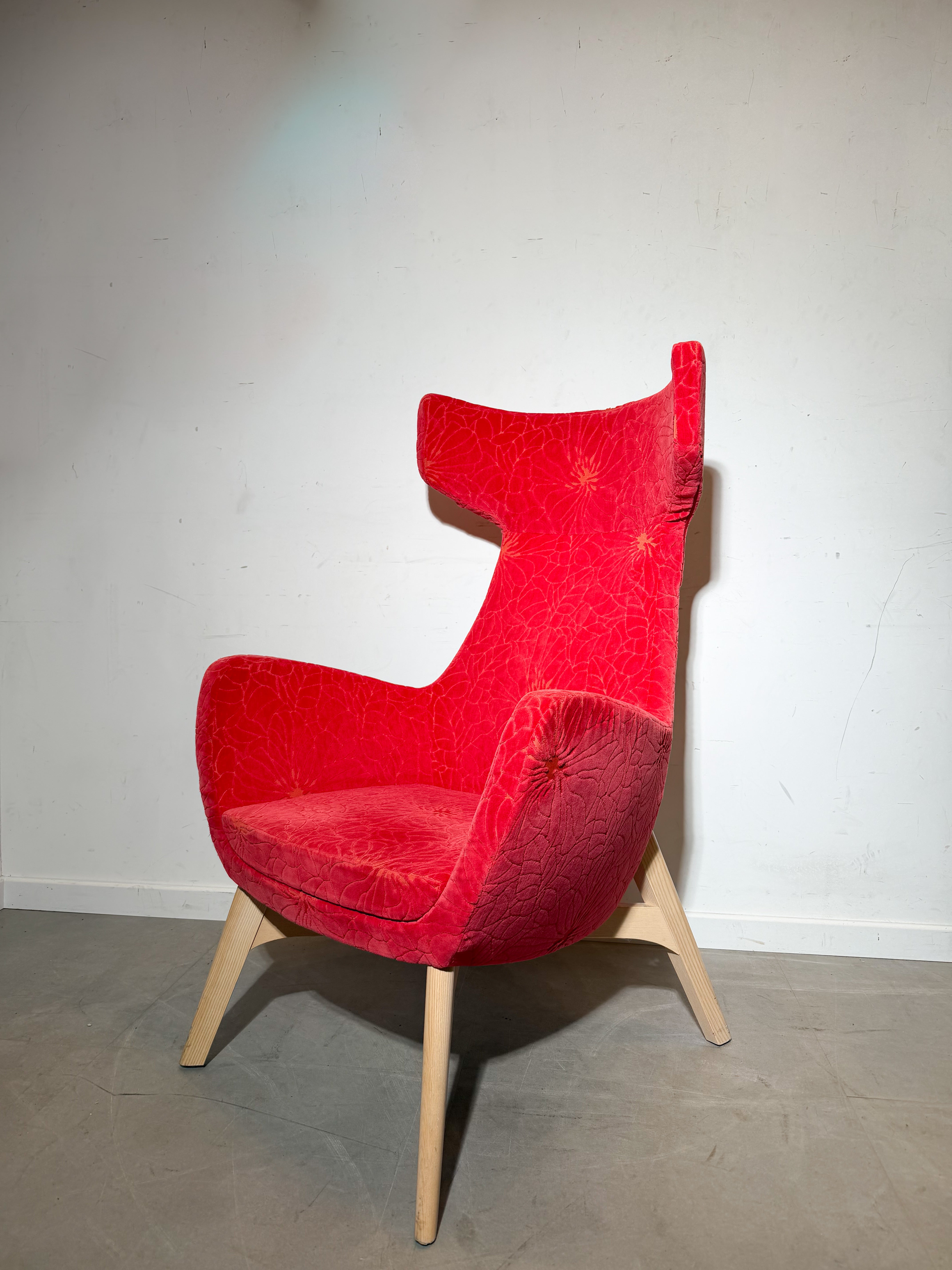 High Back Accent Lounge Chair in Red Floral Velvet