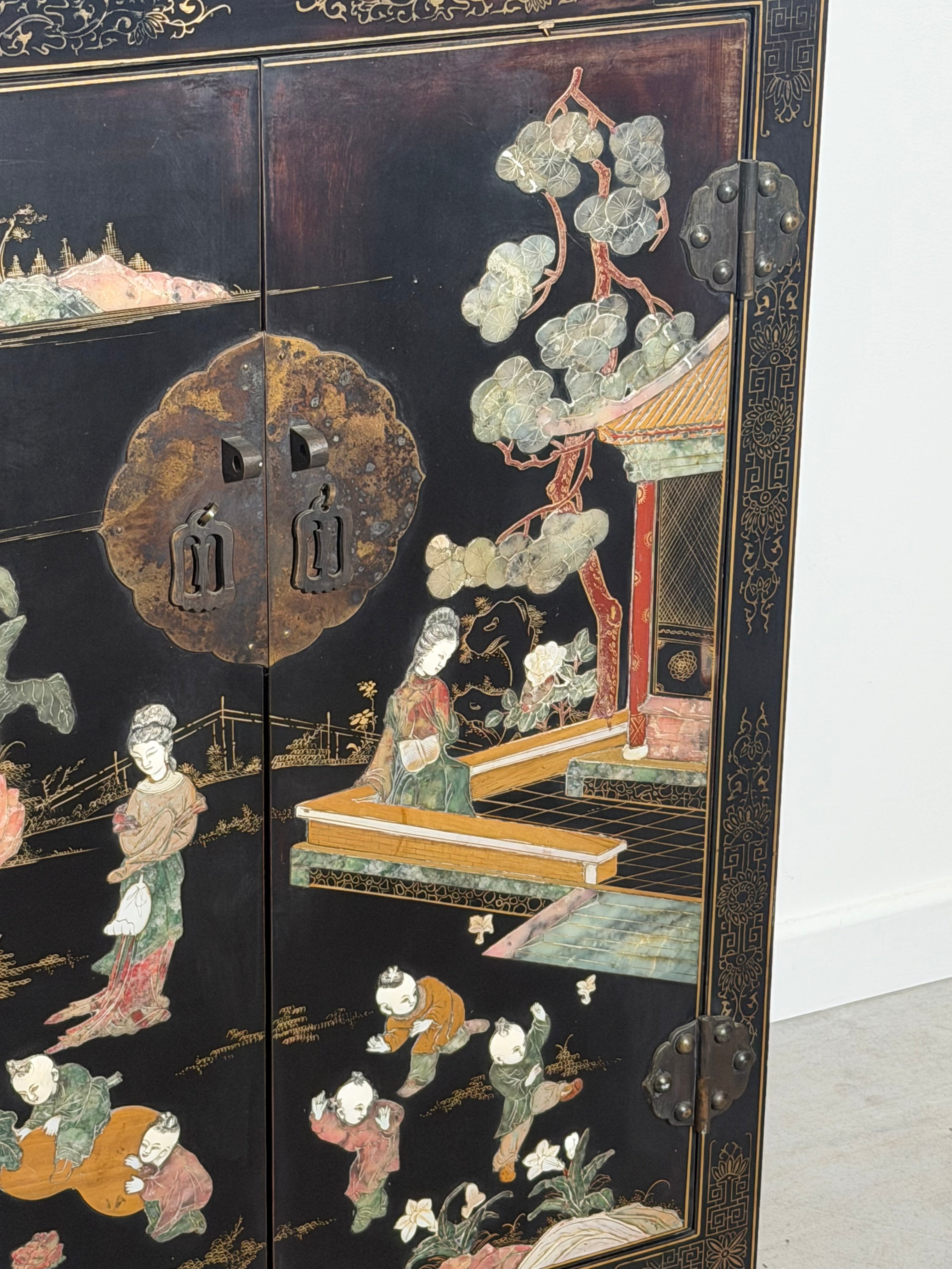Chinese Oriental Side Cabinet with Hand-Painted Lacquer Decoration