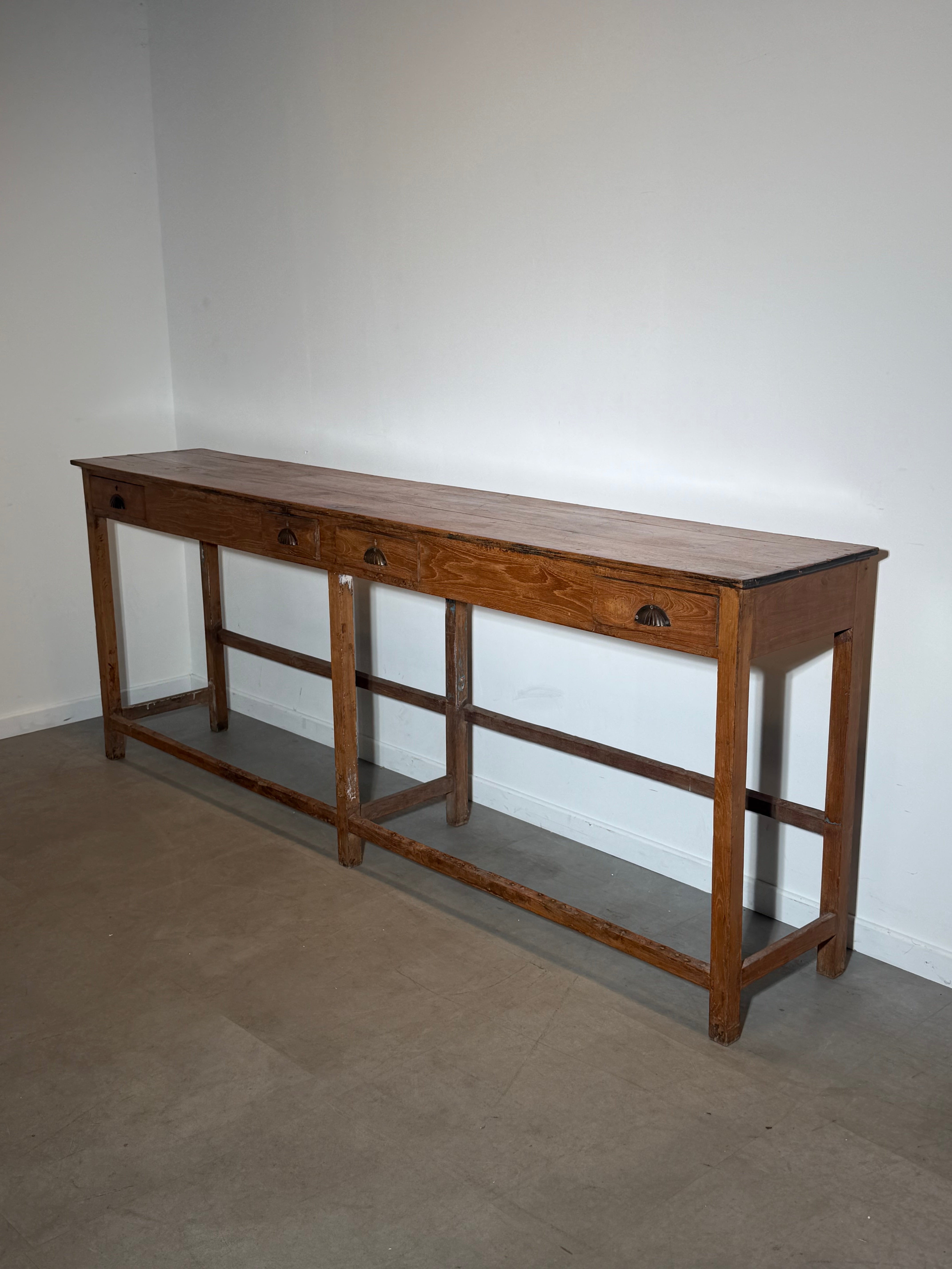 Antique Solid Oak Console Table with Four Drawers
