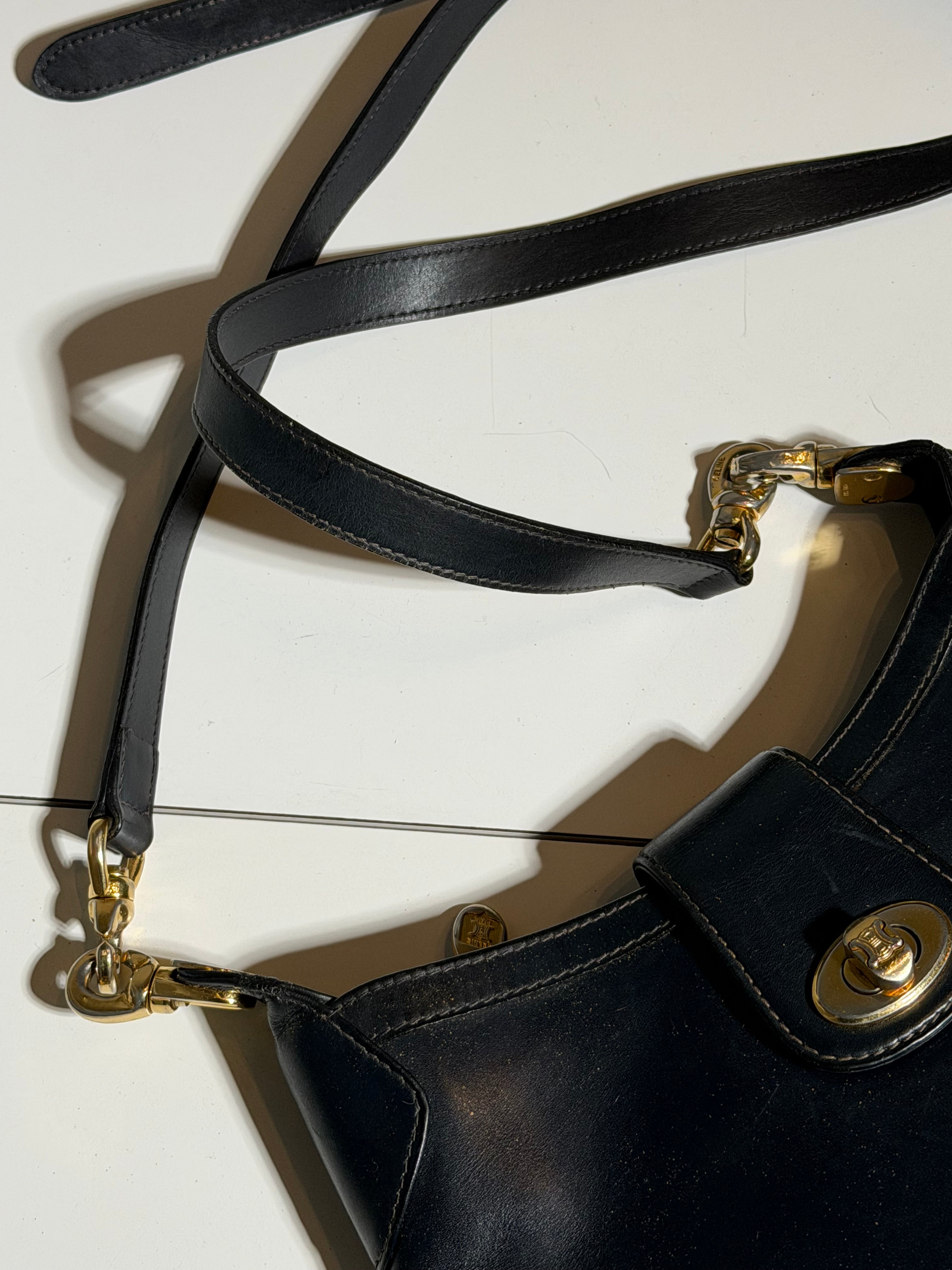 Celine Paris Vintage Black Leather Crossbody Bag